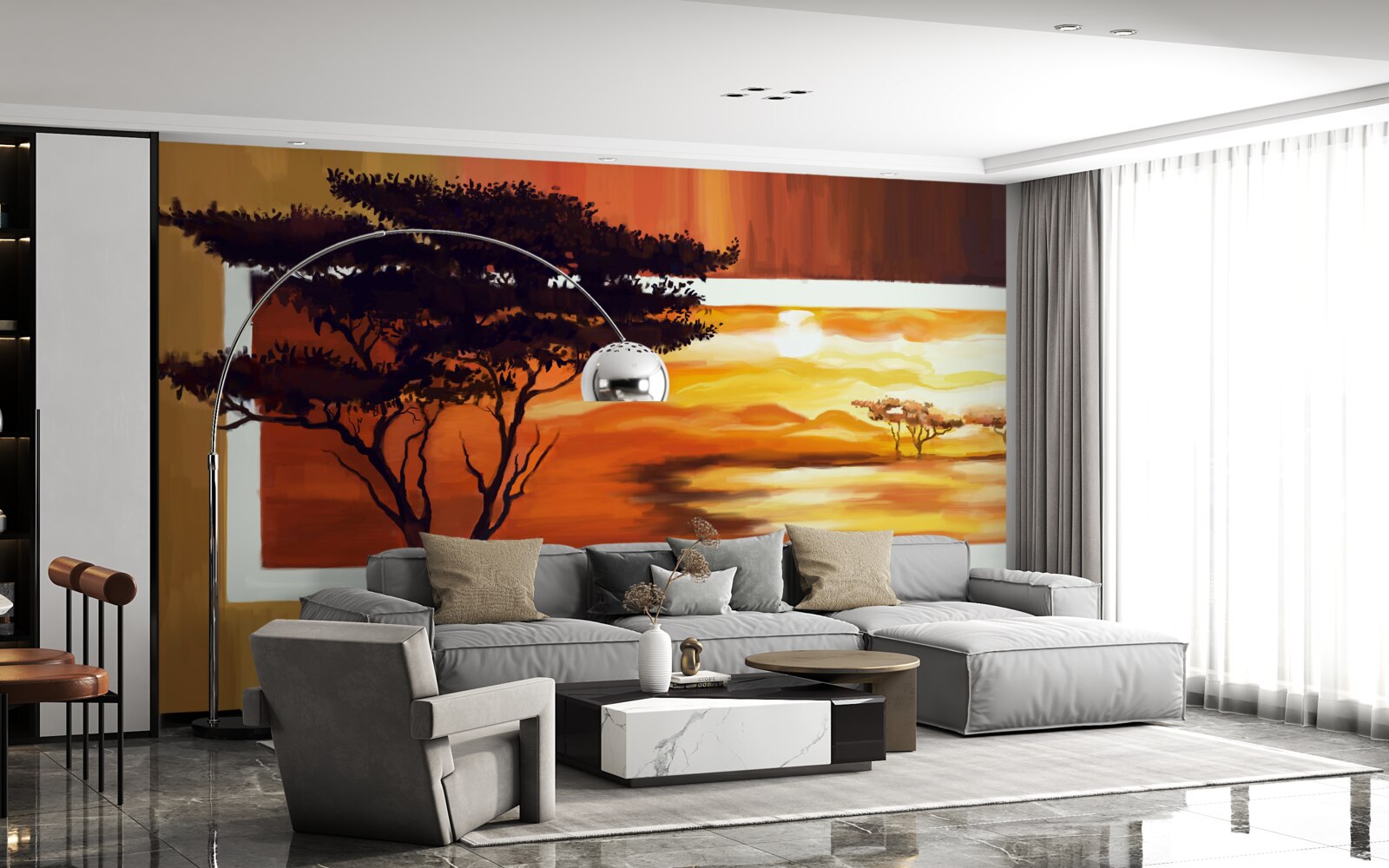 Fototapeta jazero pri západe slnka s bonsajmi