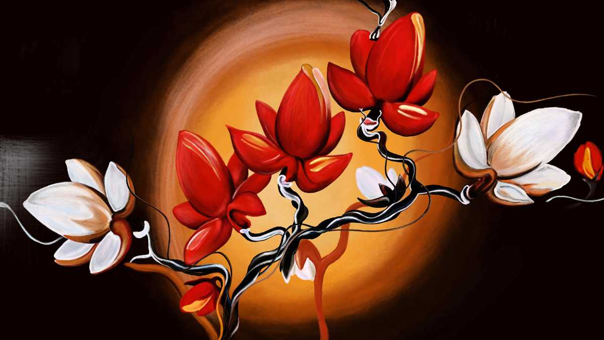 Fototapeta kmeň magnólie, maľovaný v odtieňoch bielej a červenej