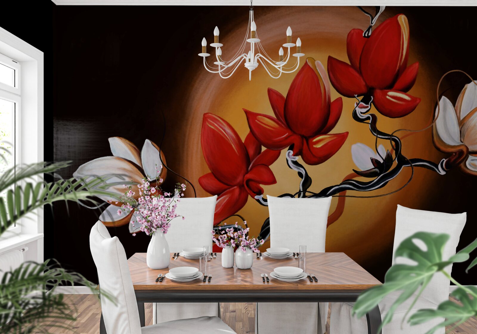 Fototapeta kmeň magnólie, maľovaný v odtieňoch bielej a červenej