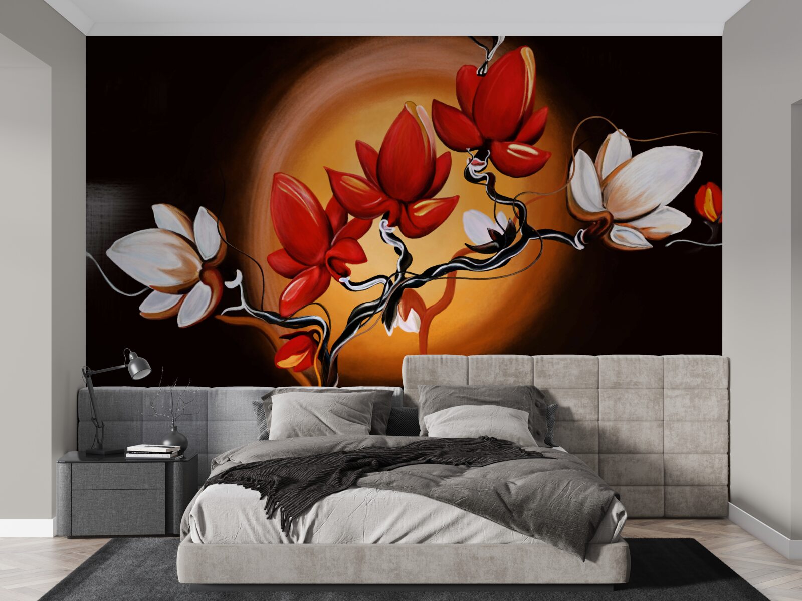 Fototapeta kmeň magnólie, maľovaný v odtieňoch bielej a červenej