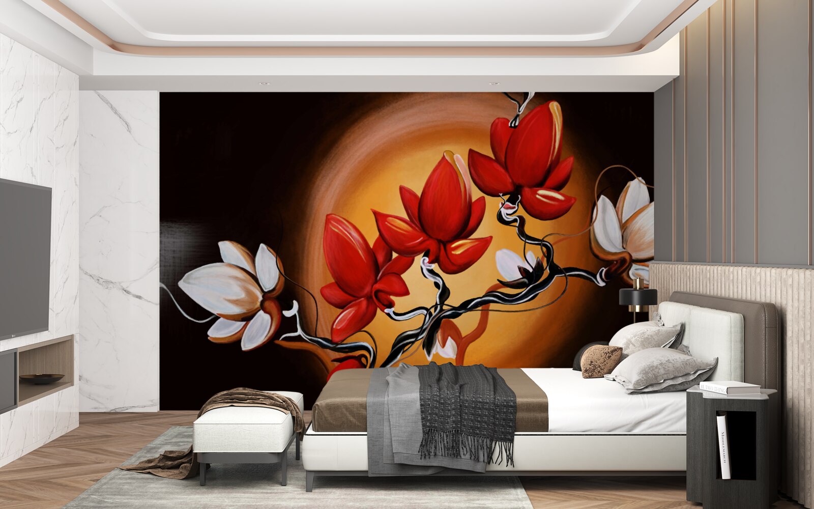 Fototapeta kmeň magnólie, maľovaný v odtieňoch bielej a červenej