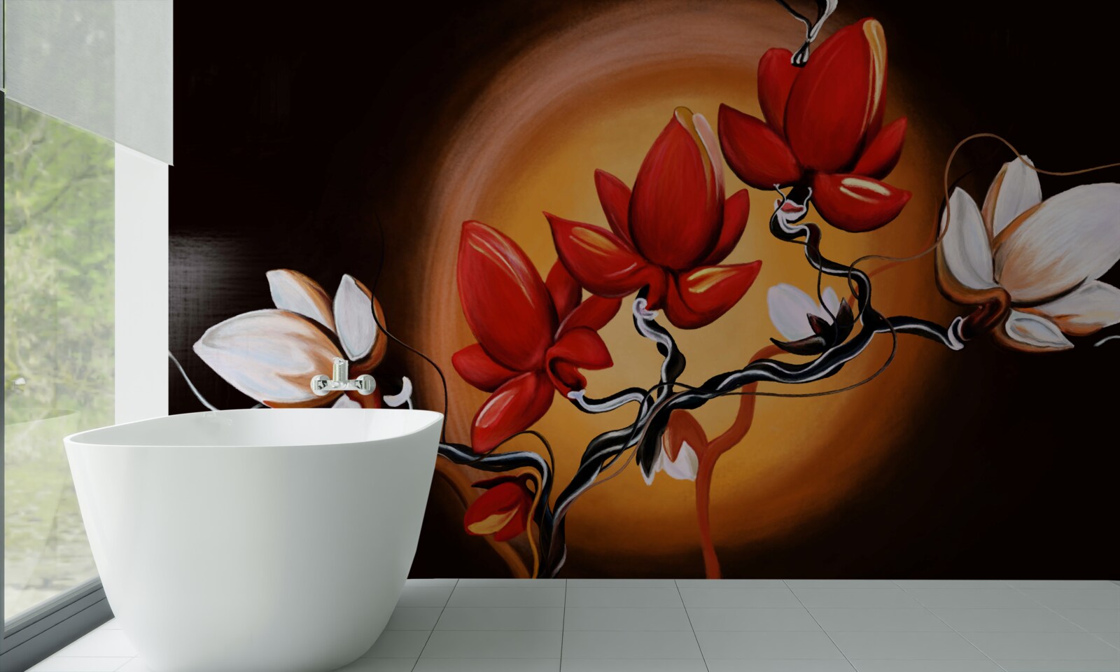 Fototapeta kmeň magnólie, maľovaný v odtieňoch bielej a červenej