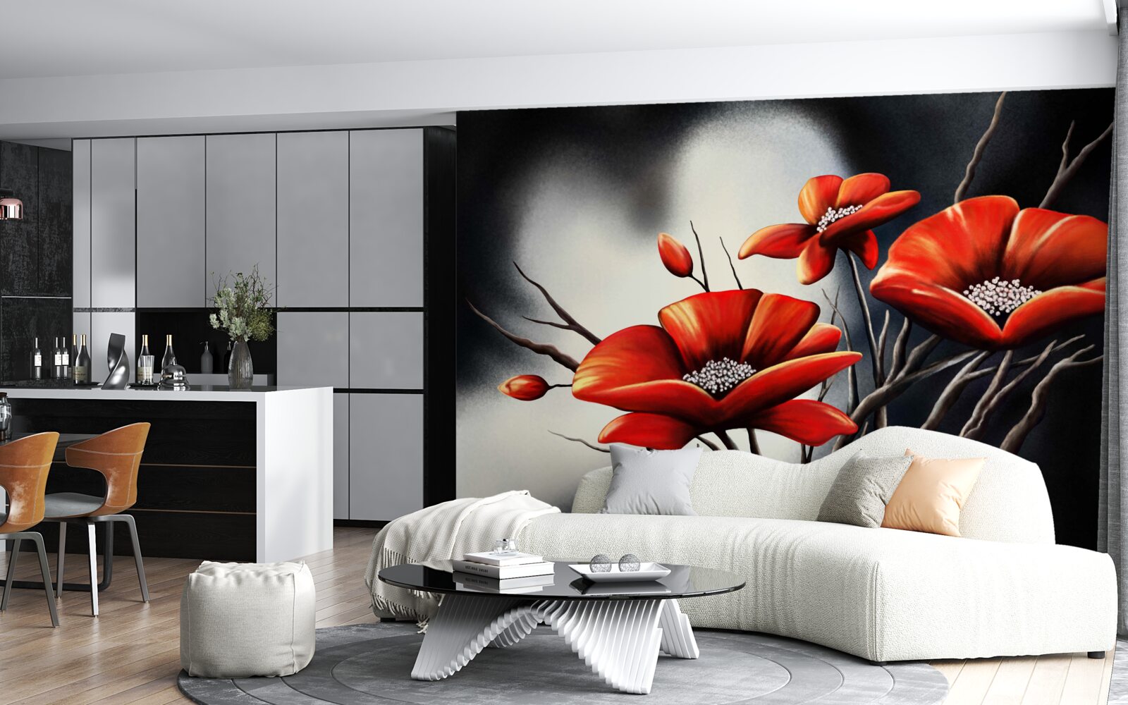 Fototapeta čierne pozadie je zdobené červenými makmi