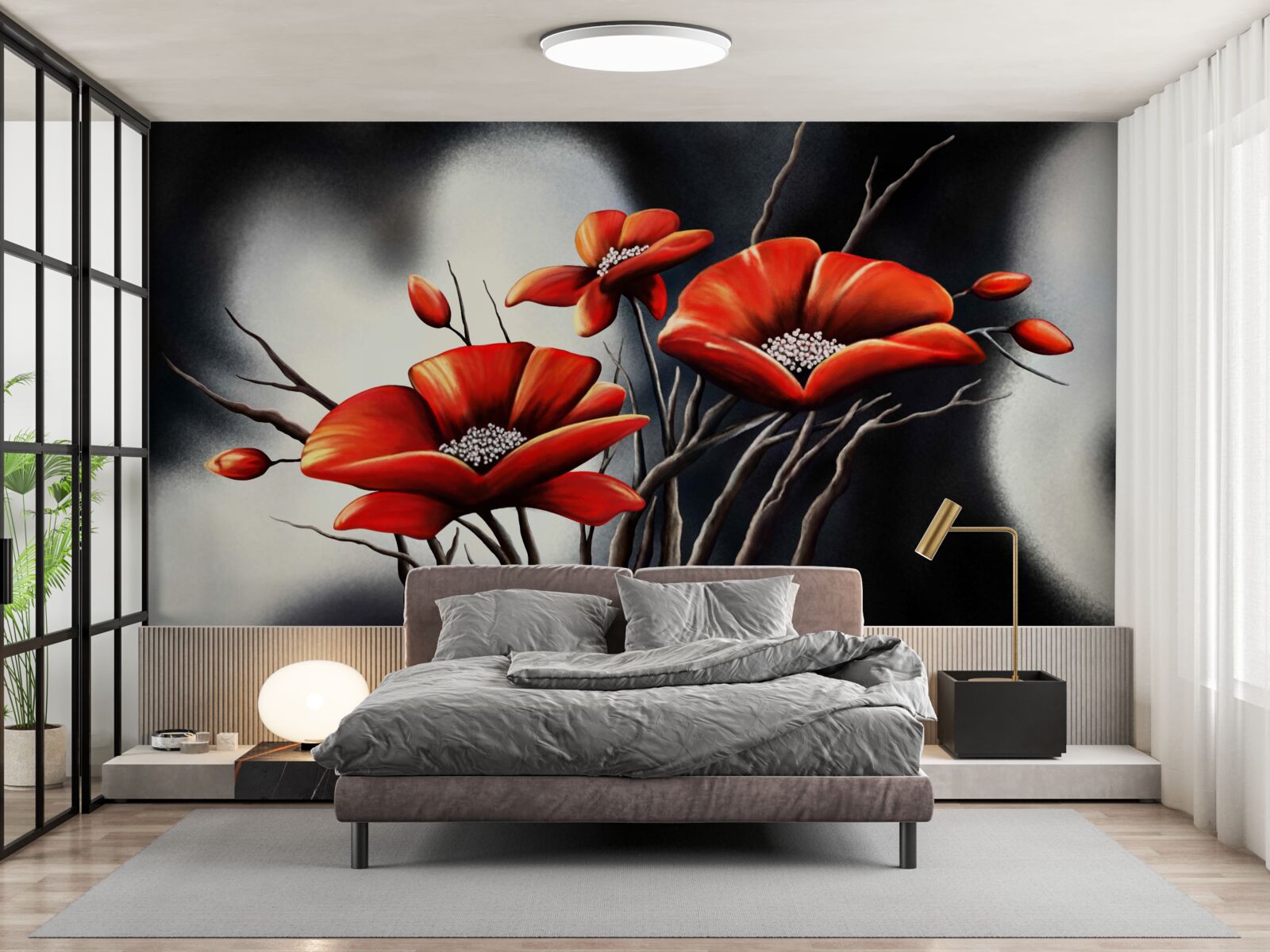 Fototapeta čierne pozadie je zdobené červenými makmi