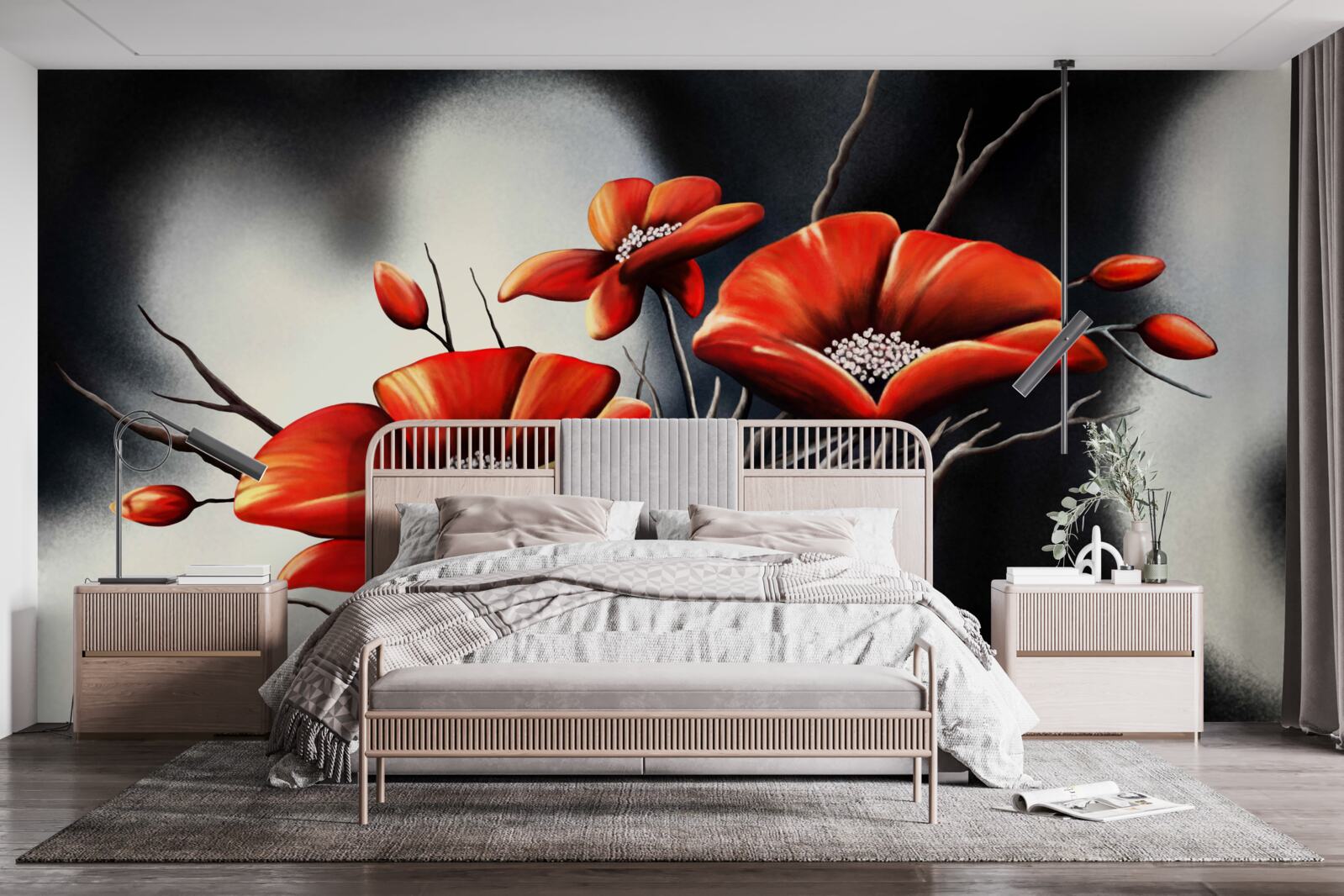 Fototapeta čierne pozadie je zdobené červenými makmi