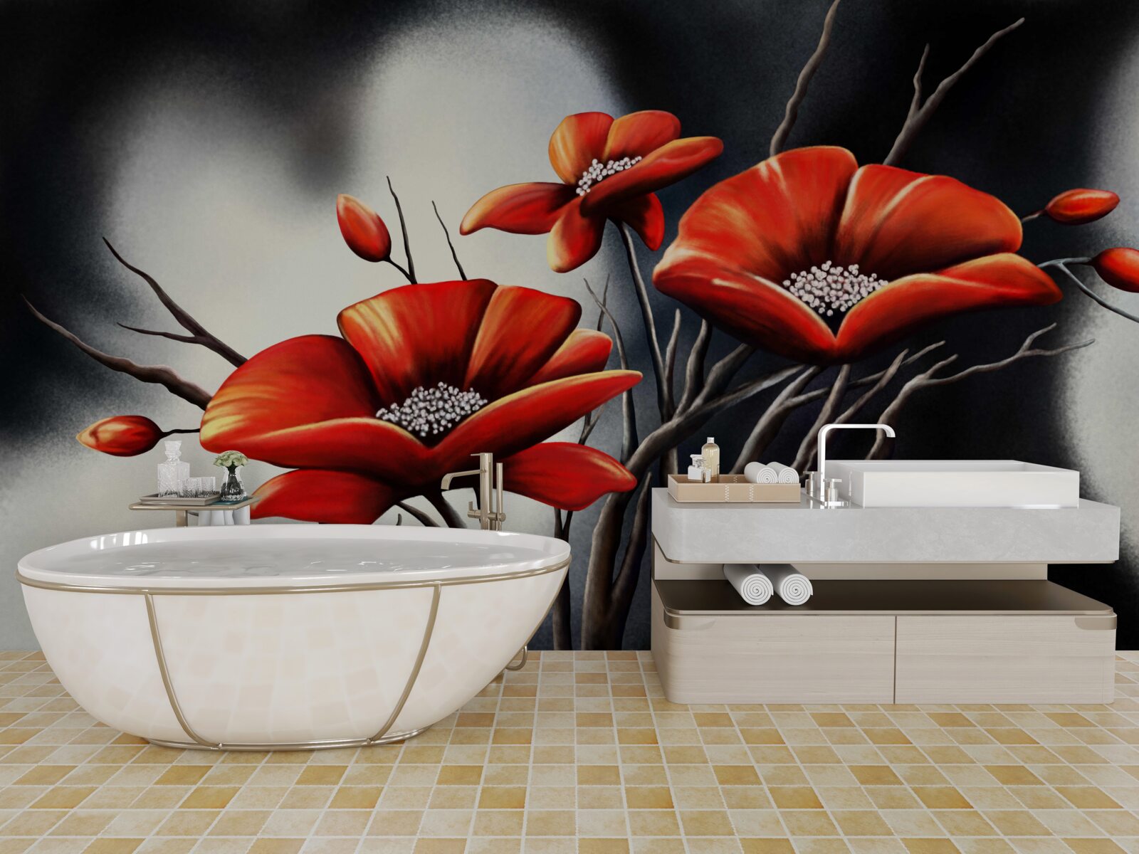 Fototapeta čierne pozadie je zdobené červenými makmi