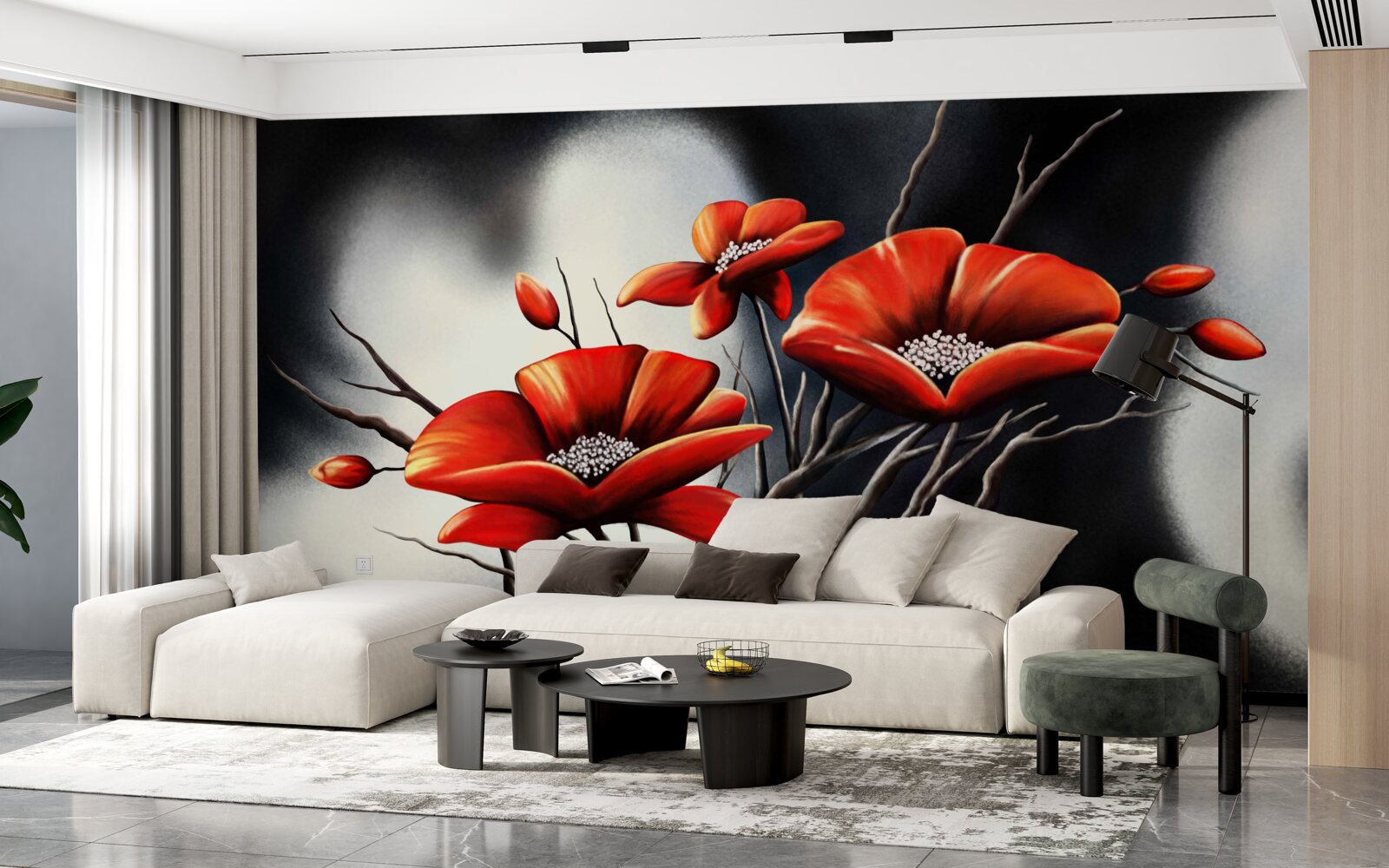 Fototapeta čierne pozadie je zdobené červenými makmi