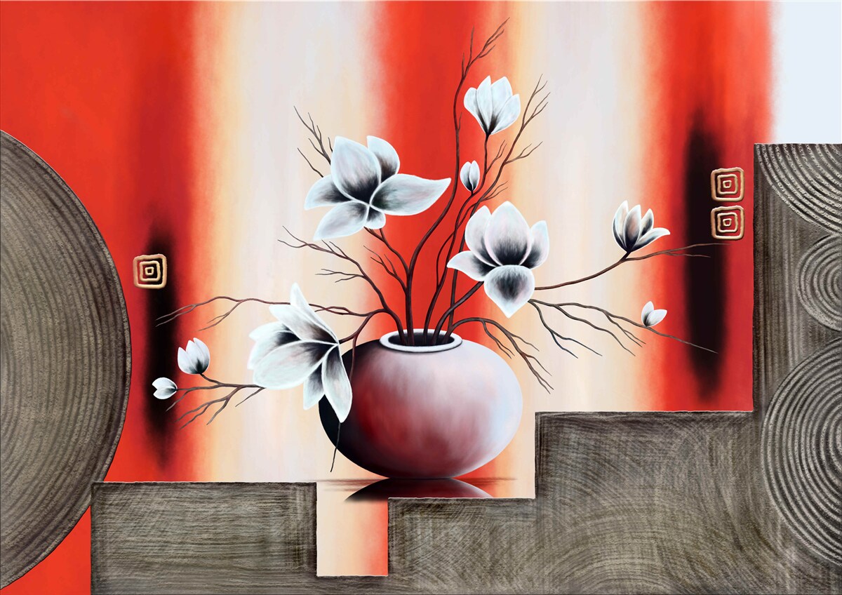 Fototapeta červená váza s jemnými bielymi kvetmi