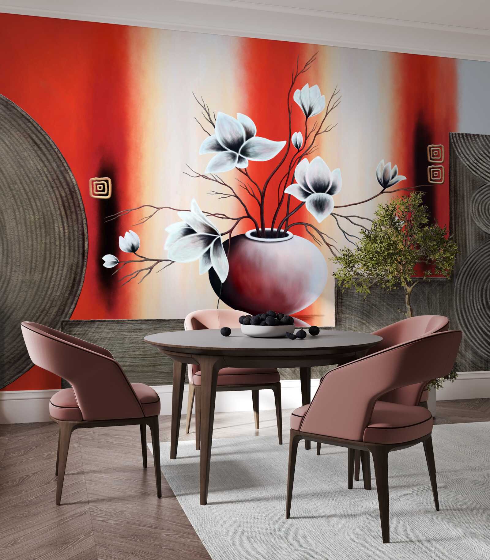 Fototapeta červená váza s jemnými bielymi kvetmi