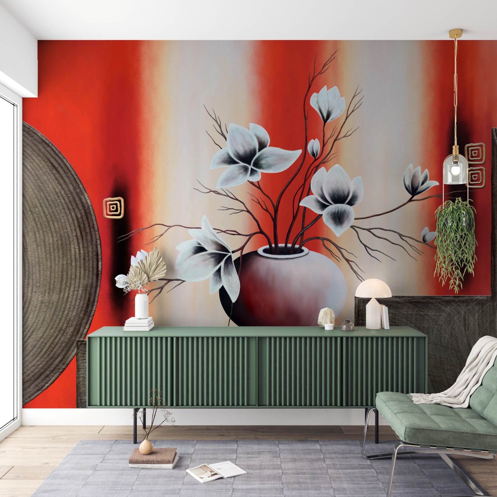 Fototapeta červená váza s jemnými bielymi kvetmi