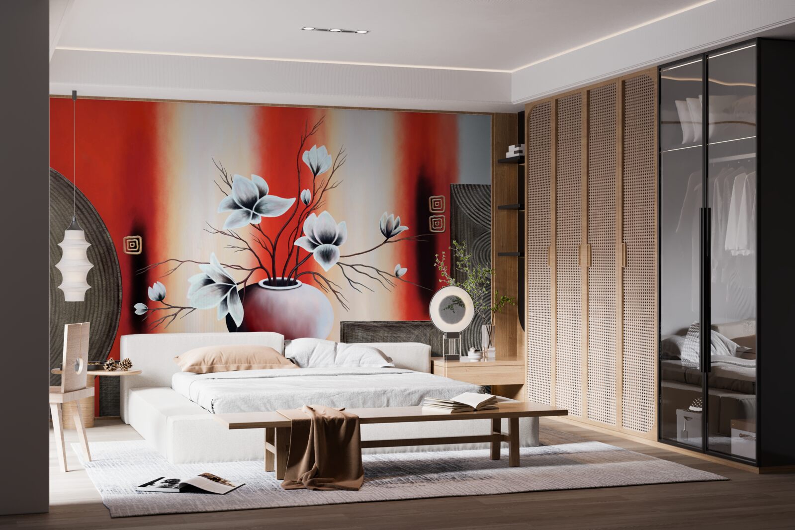 Fototapeta červená váza s jemnými bielymi kvetmi