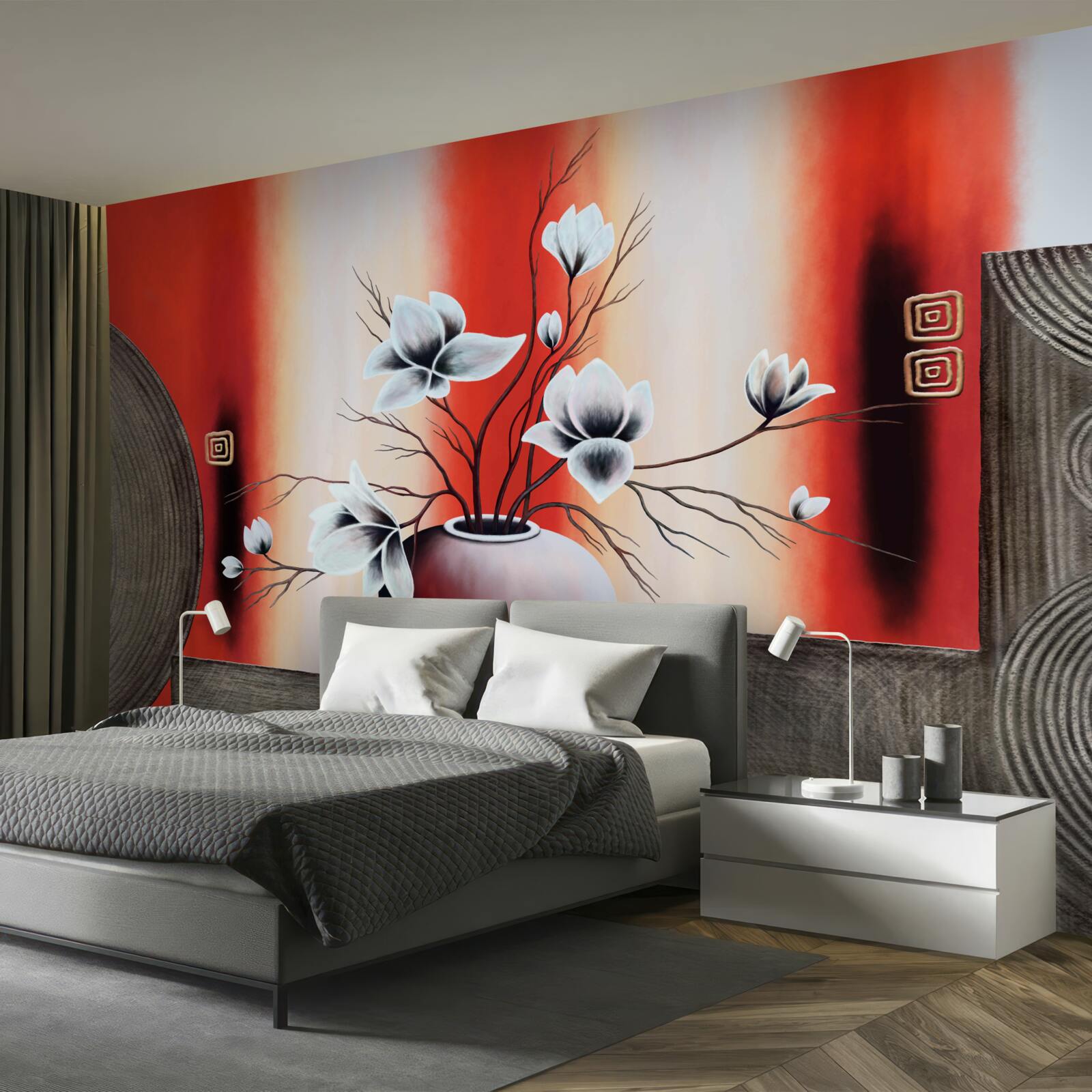 Fototapeta červená váza s jemnými bielymi kvetmi