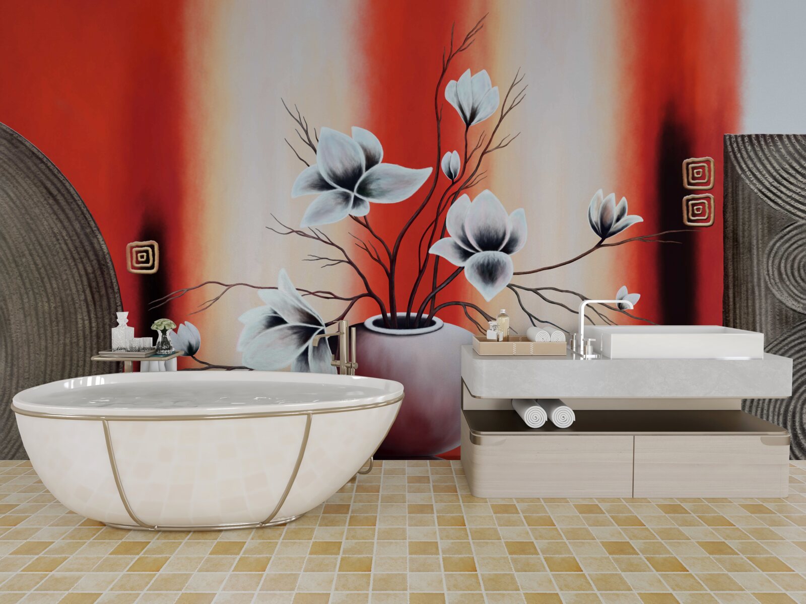 Fototapeta červená váza s jemnými bielymi kvetmi