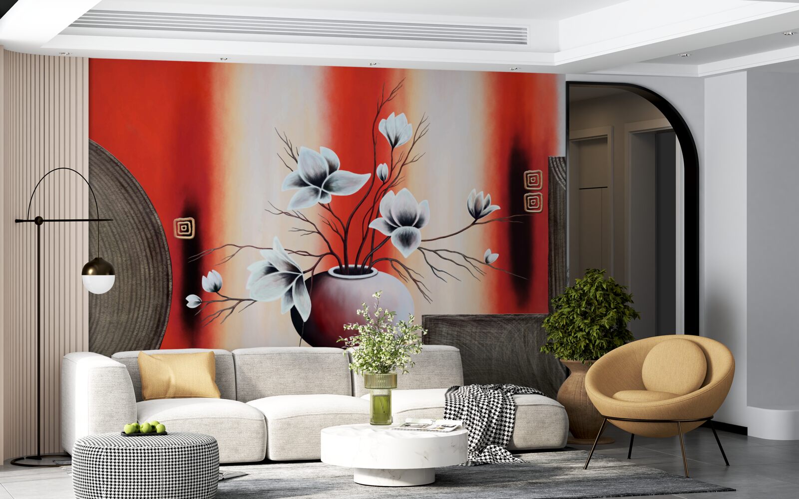 Fototapeta červená váza s jemnými bielymi kvetmi