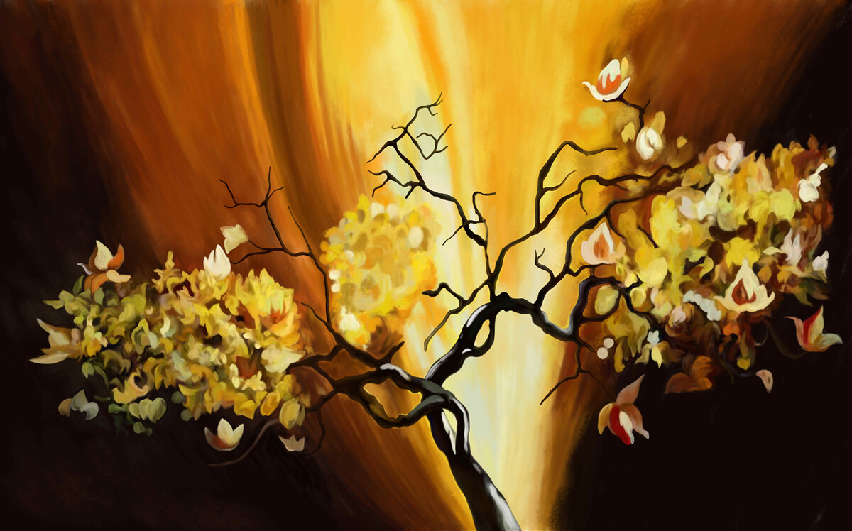 Fototapeta strom kvitnúci na okraji západu slnka