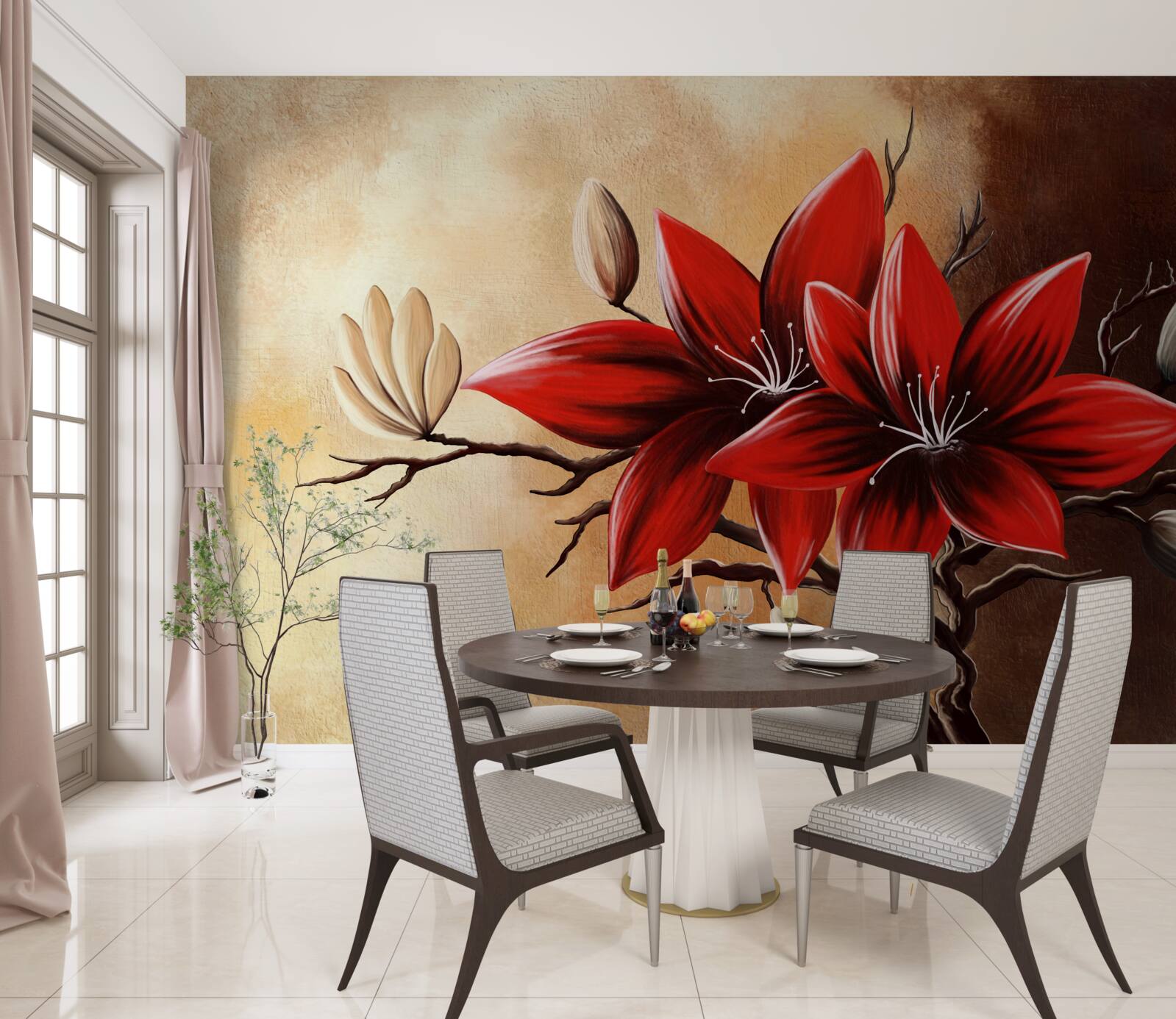 Fototapeta červené púčiky sú umiestnené na hnedom pozadí