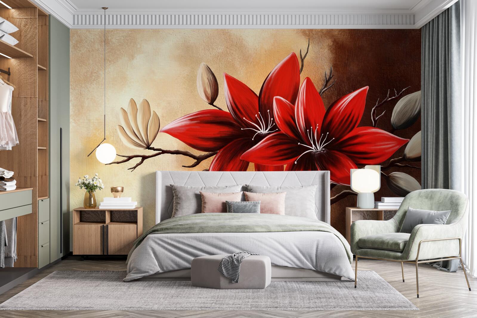 Fototapeta červené púčiky sú umiestnené na hnedom pozadí