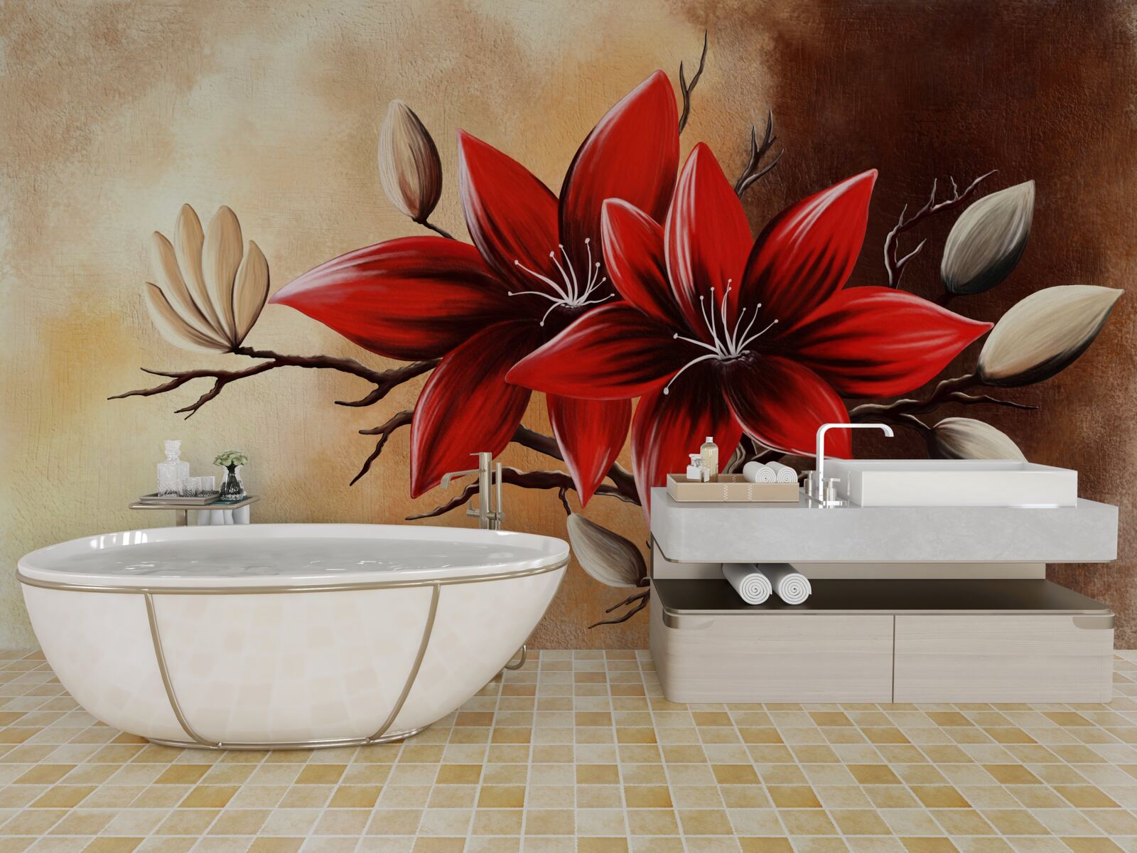 Fototapeta červené púčiky sú umiestnené na hnedom pozadí