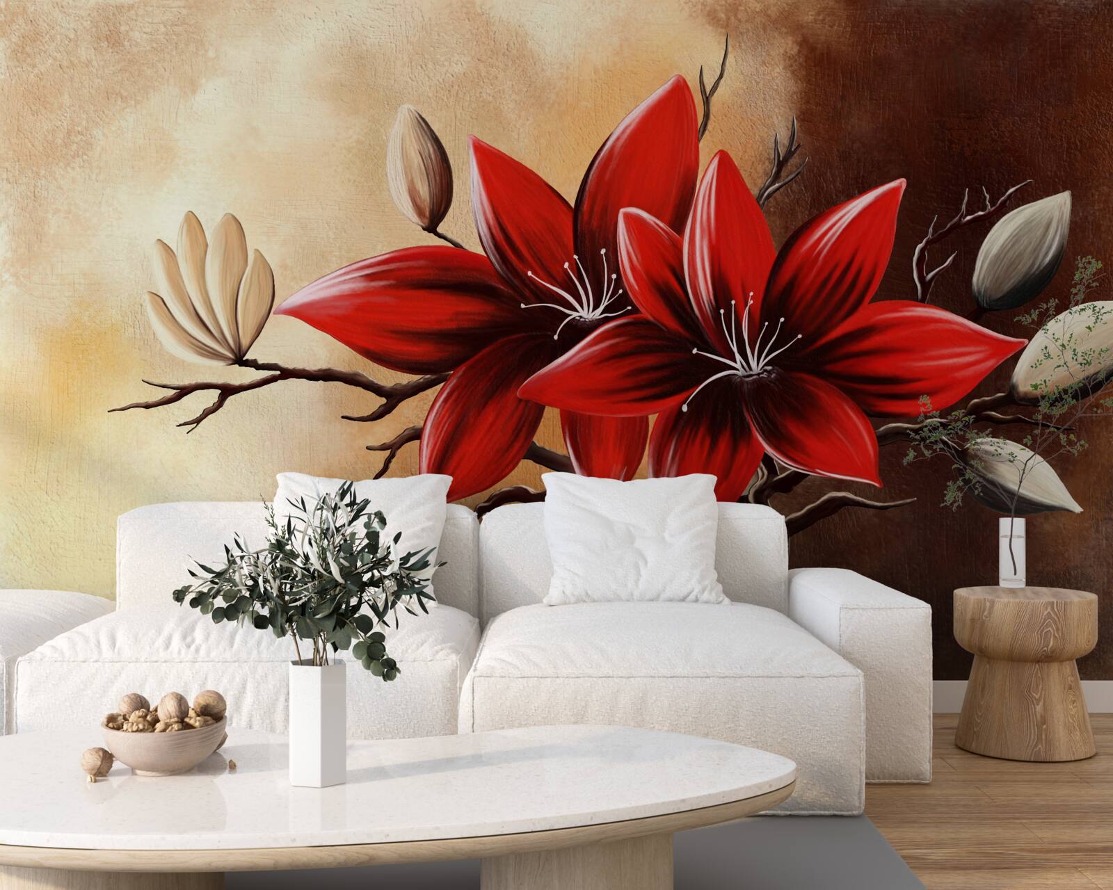 Fototapeta červené púčiky sú umiestnené na hnedom pozadí