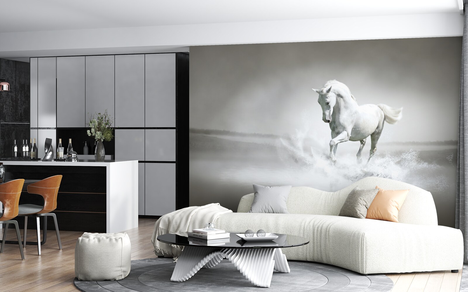 Fototapeta hlasný rev snehobieleho koňa bubnujúceho nohami proti vlhkosti