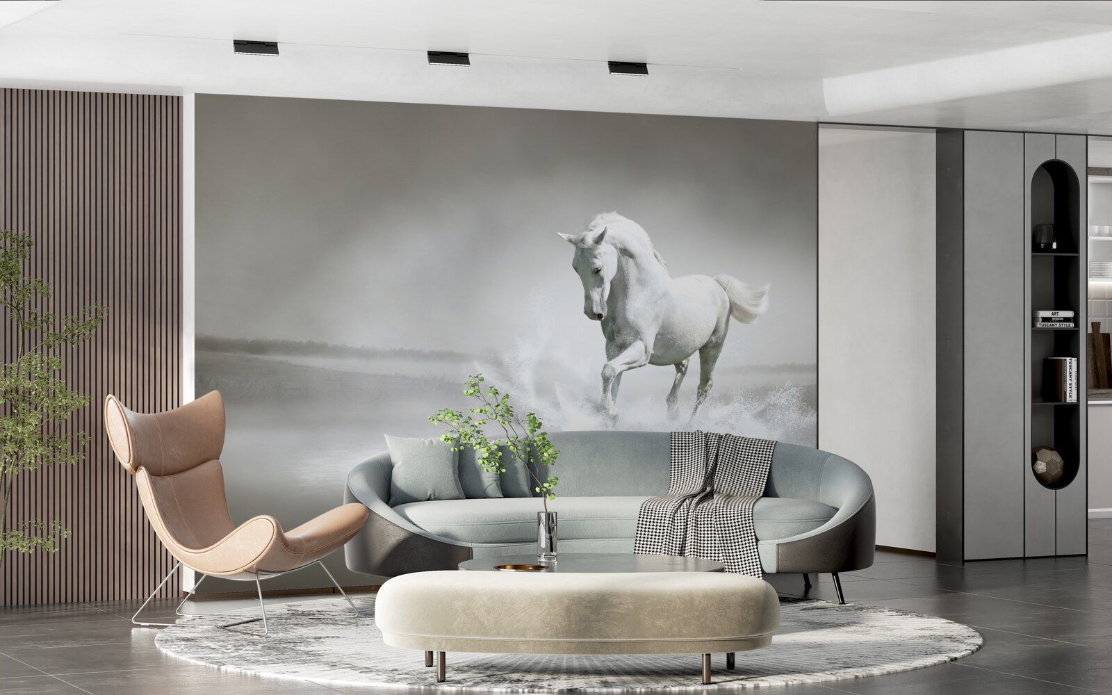 Fototapeta hlasný rev snehobieleho koňa bubnujúceho nohami proti vlhkosti