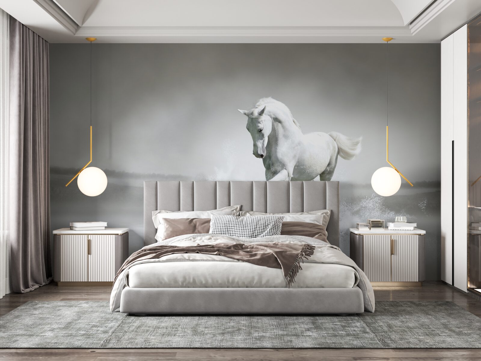 Fototapeta hlasný rev snehobieleho koňa bubnujúceho nohami proti vlhkosti