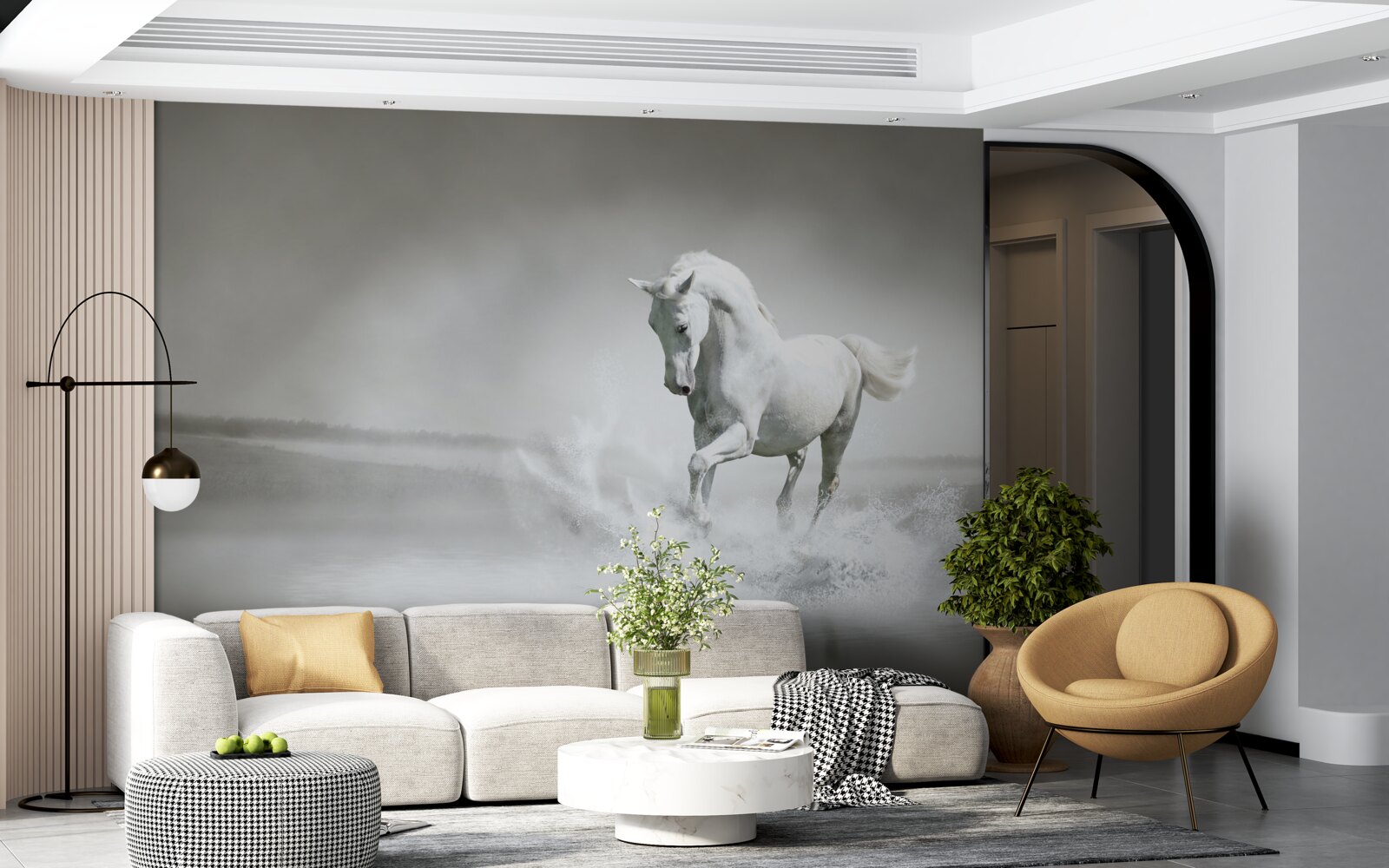 Fototapeta hlasný rev snehobieleho koňa bubnujúceho nohami proti vlhkosti