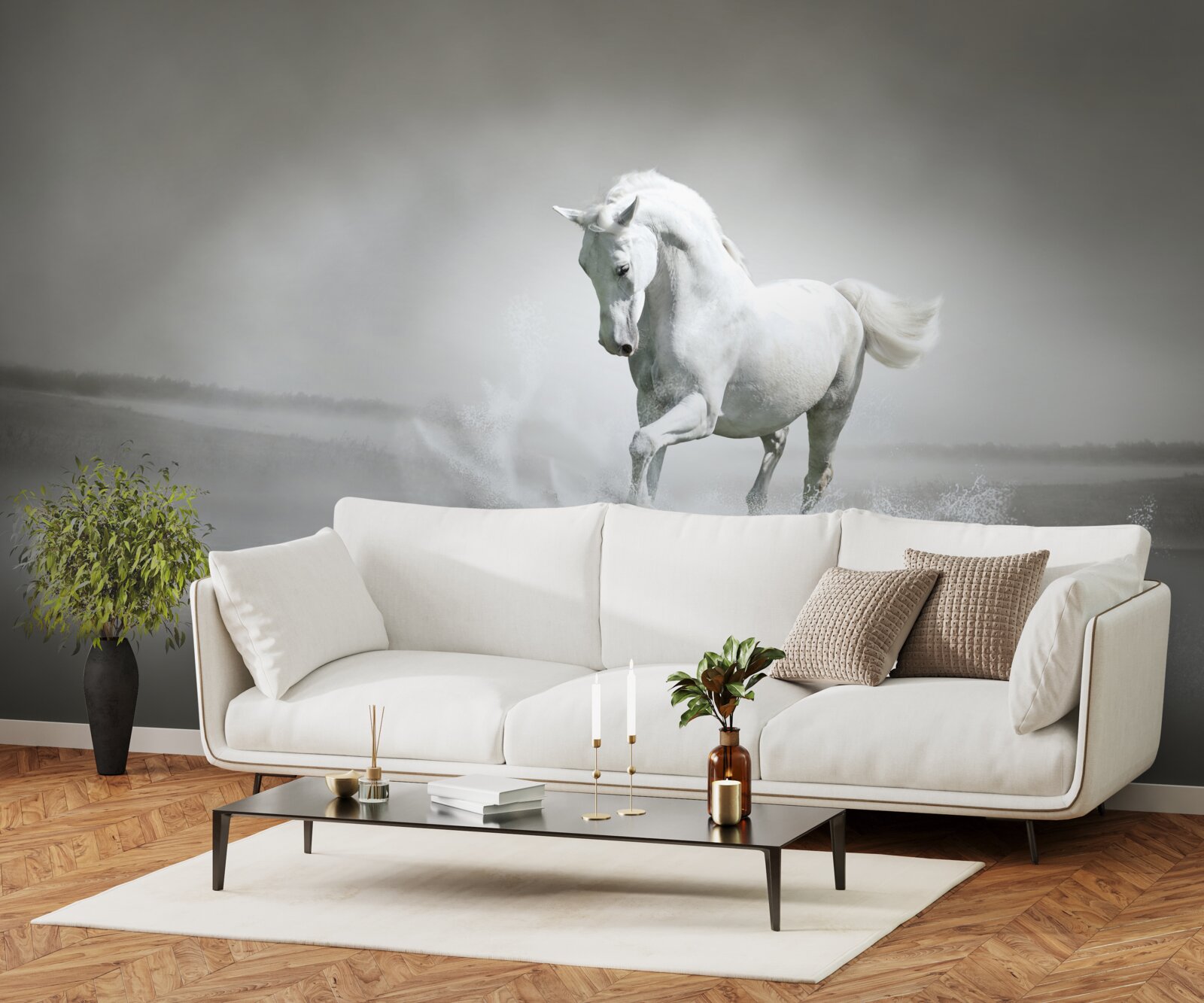 Fototapeta hlasný rev snehobieleho koňa bubnujúceho nohami proti vlhkosti
