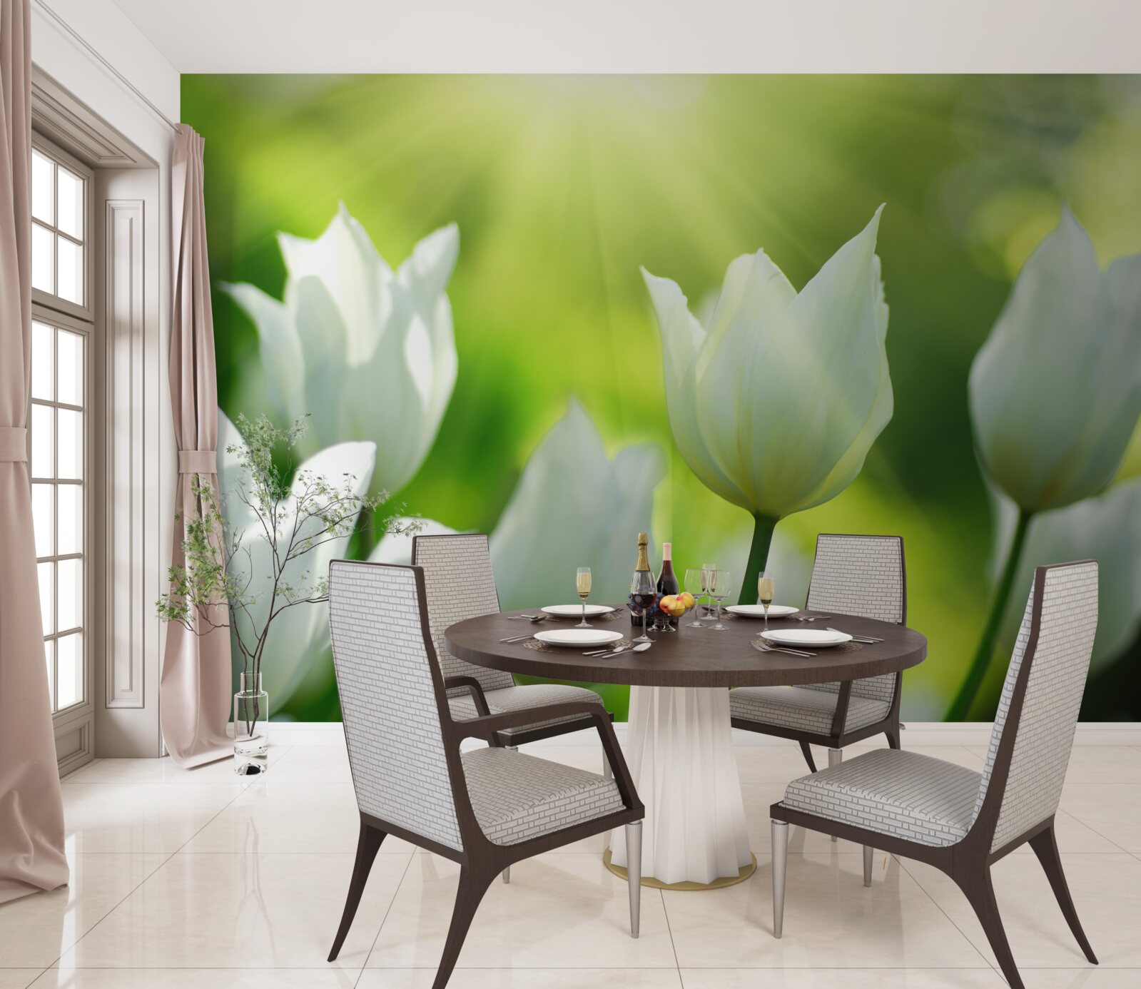 Fototapeta Snehovo biele tulipány pod lúčmi slnka