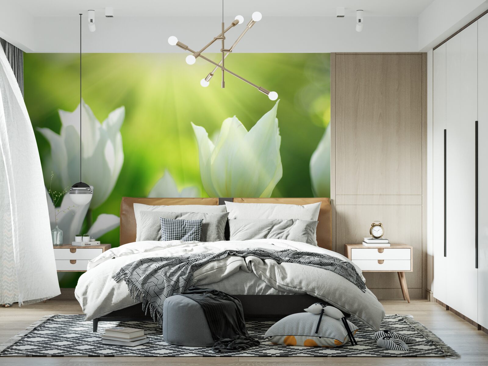 Fototapeta Snehovo biele tulipány pod lúčmi slnka