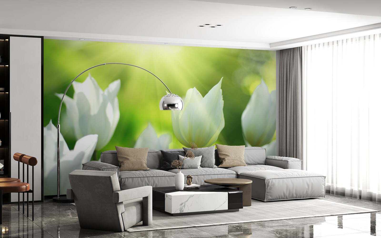 Fototapeta Snehovo biele tulipány pod lúčmi slnka