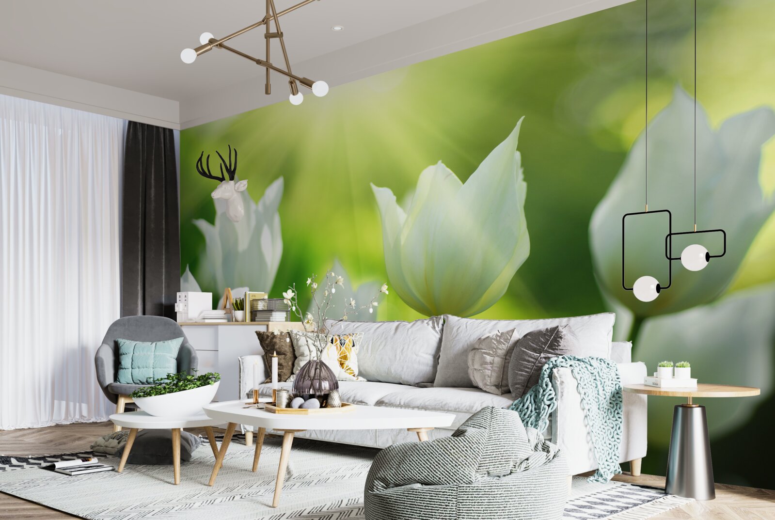 Fototapeta Snehovo biele tulipány pod lúčmi slnka