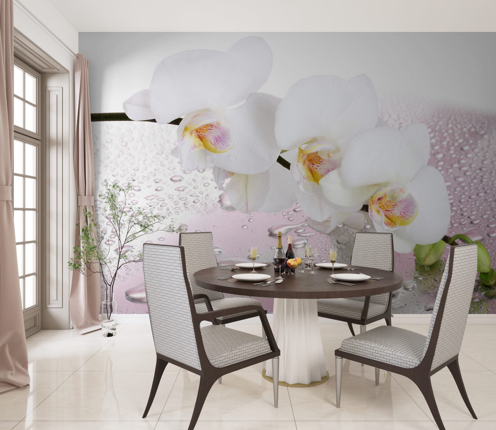 Fototapeta vlhká biela vetvička orchidey zdobená kvapkami vody