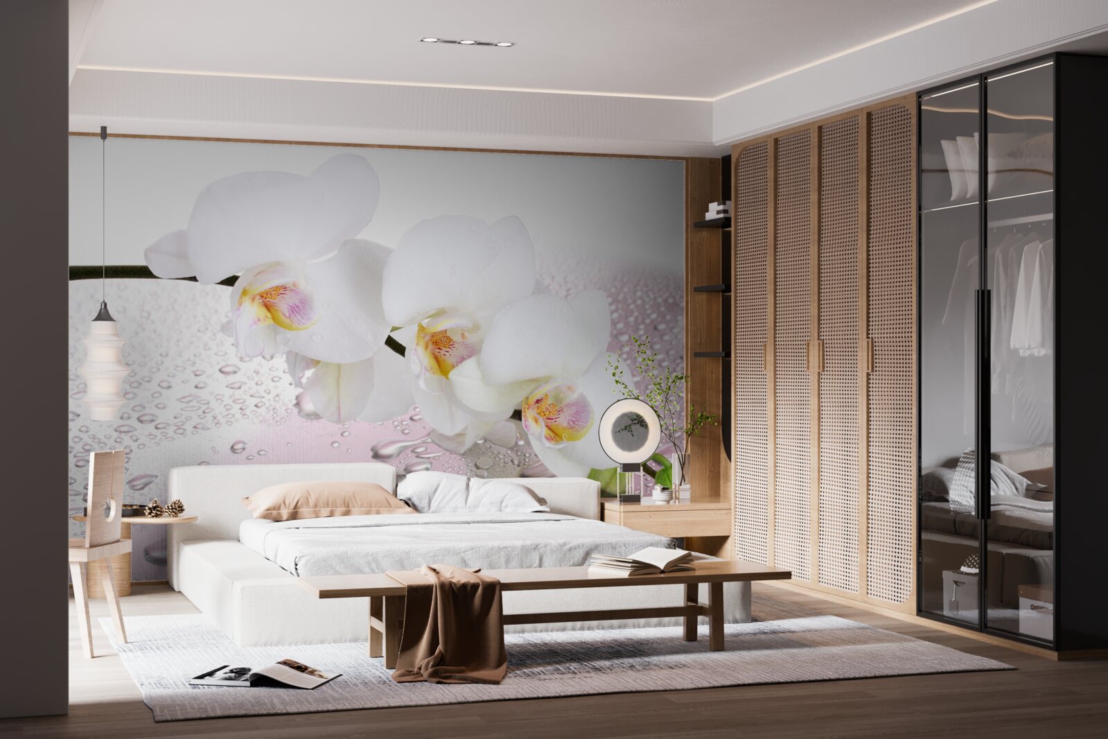 Fototapeta vlhká biela vetvička orchidey zdobená kvapkami vody