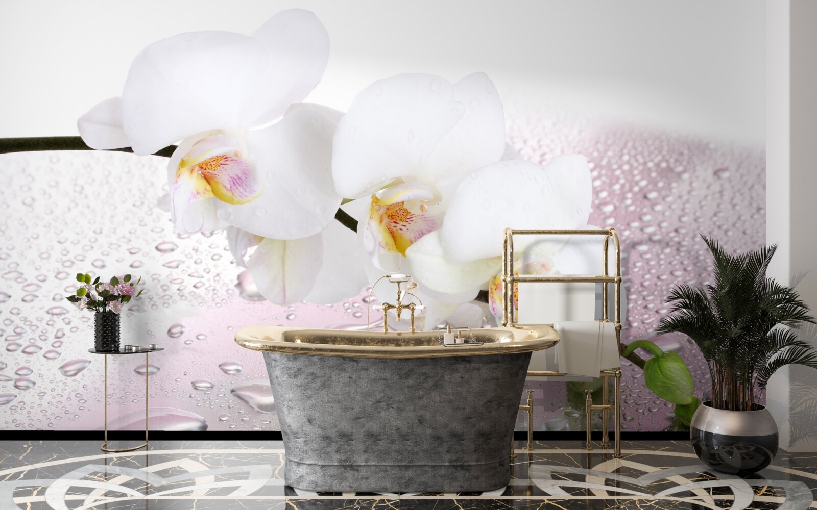 Fototapeta vlhká biela vetvička orchidey zdobená kvapkami vody