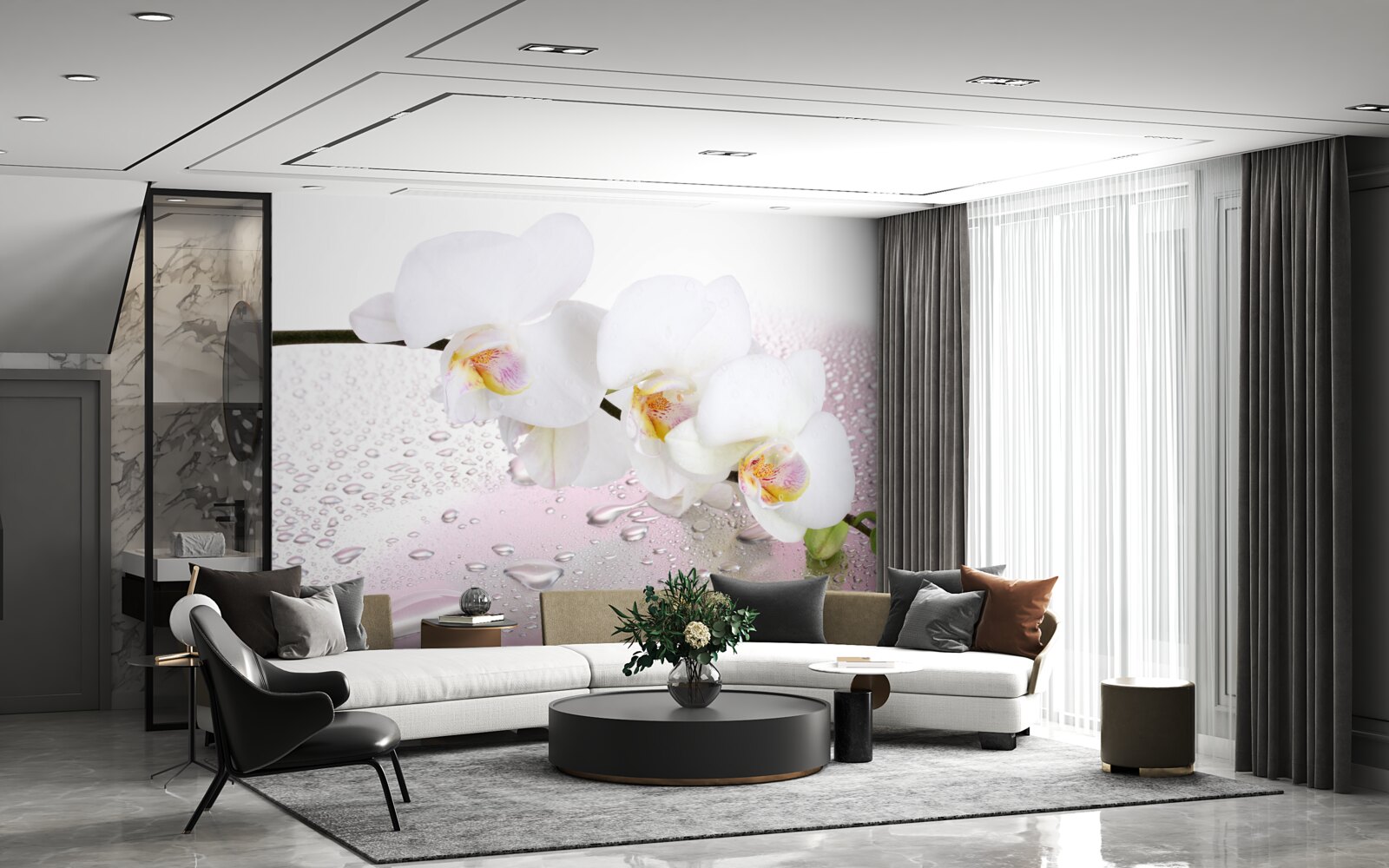 Fototapeta vlhká biela vetvička orchidey zdobená kvapkami vody