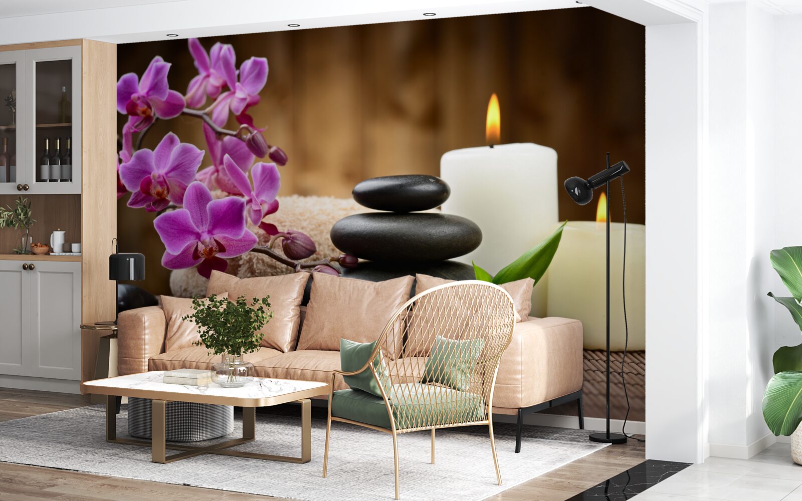 Fototapeta orchidea obklopená sviečkami a kameňmi