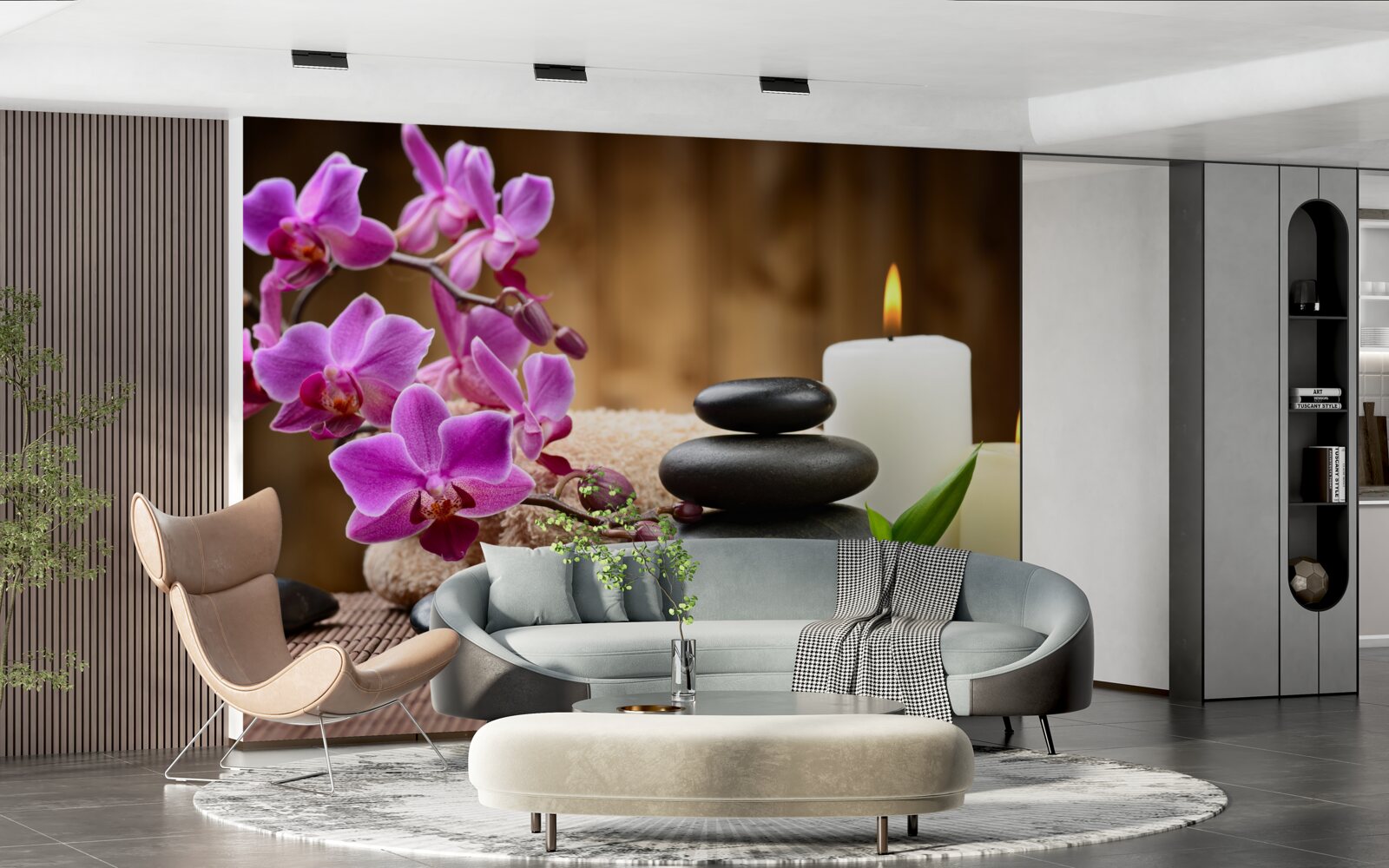 Fototapeta orchidea obklopená sviečkami a kameňmi