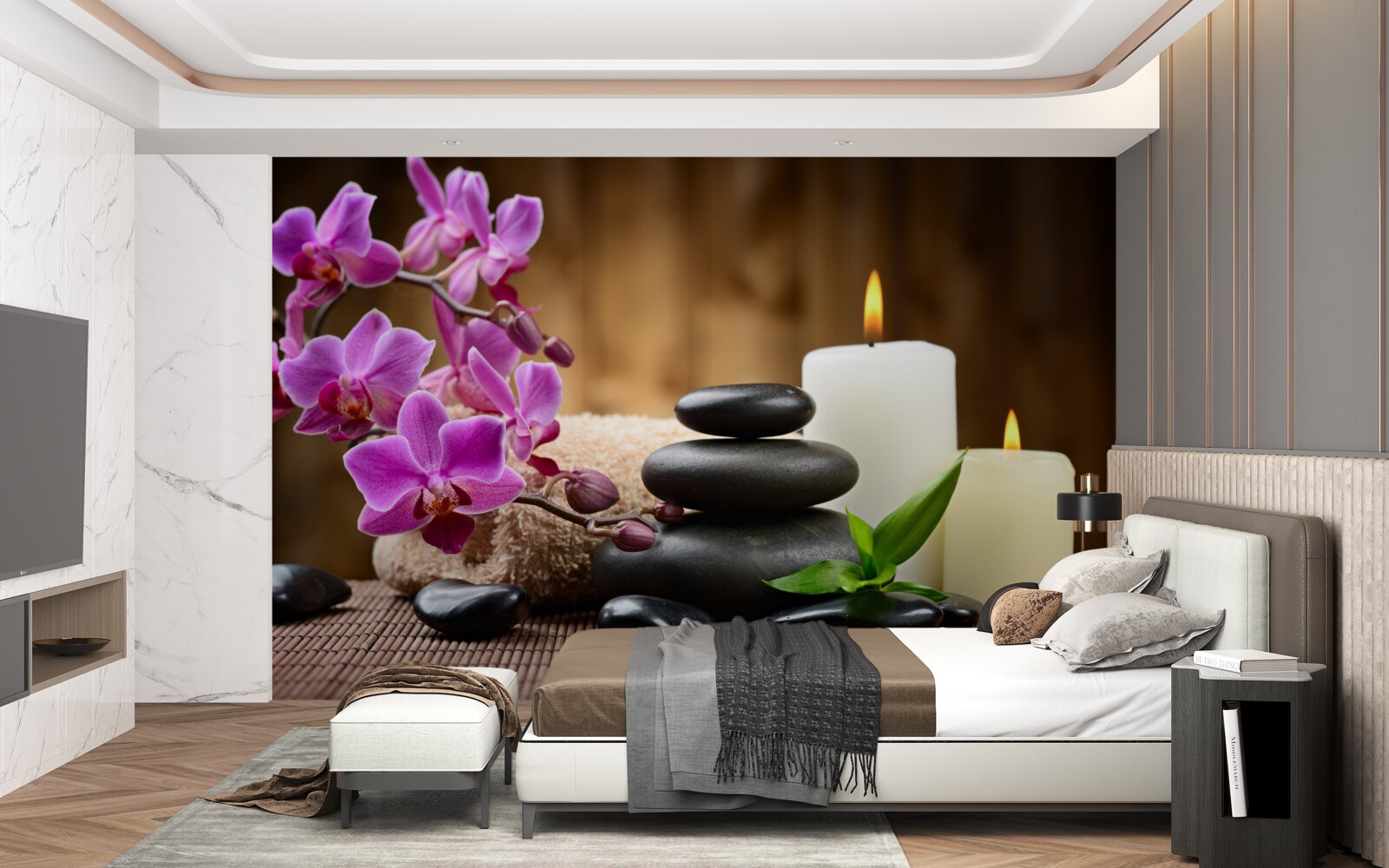 Fototapeta orchidea obklopená sviečkami a kameňmi