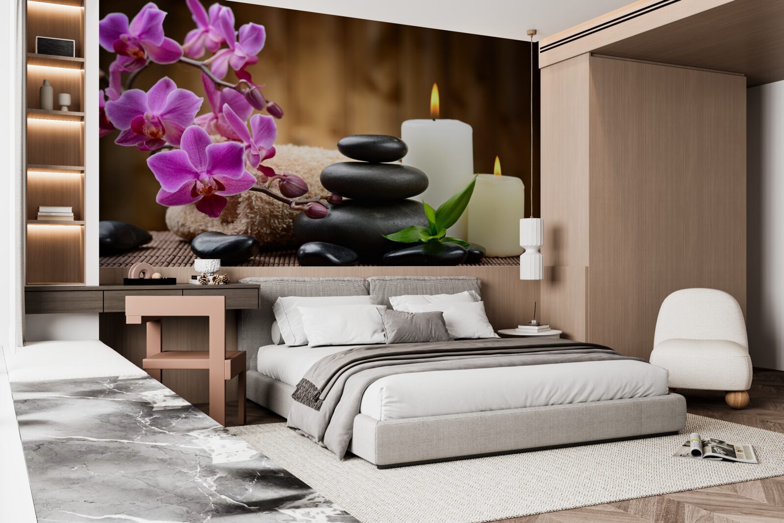 Fototapeta orchidea obklopená sviečkami a kameňmi