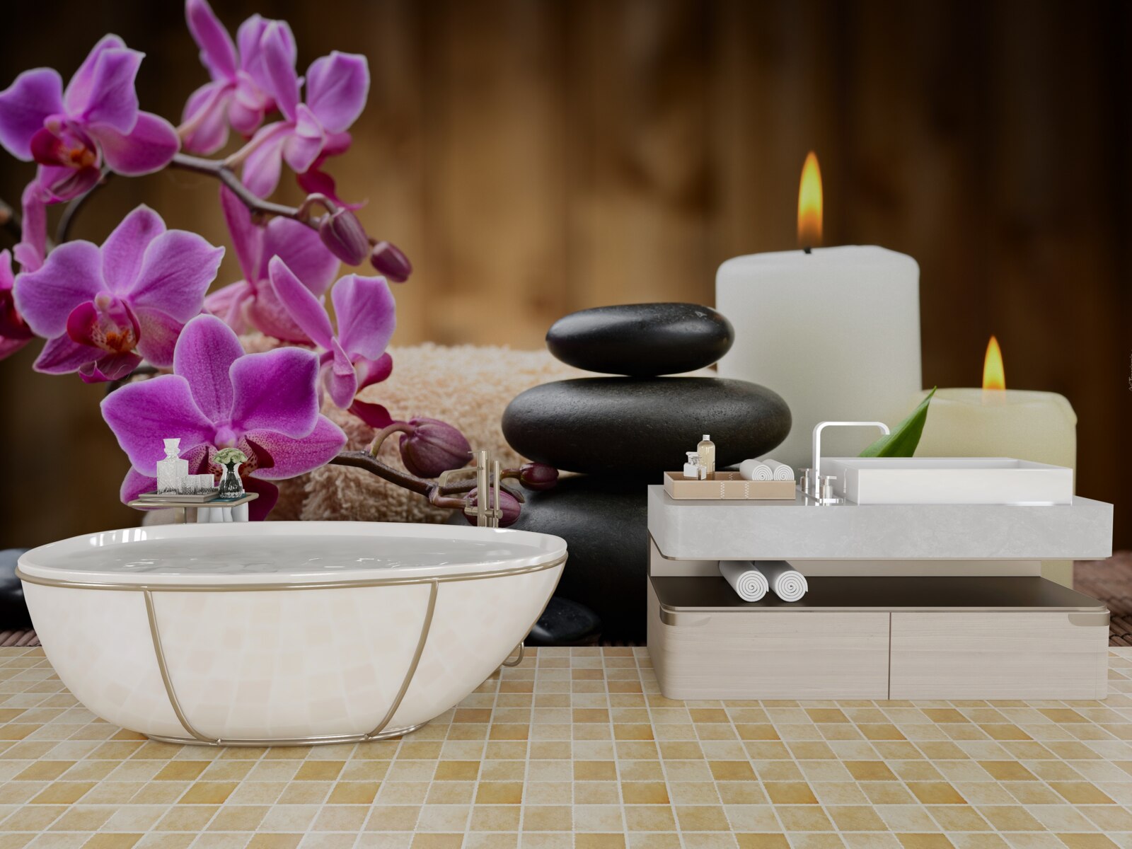 Fototapeta orchidea obklopená sviečkami a kameňmi