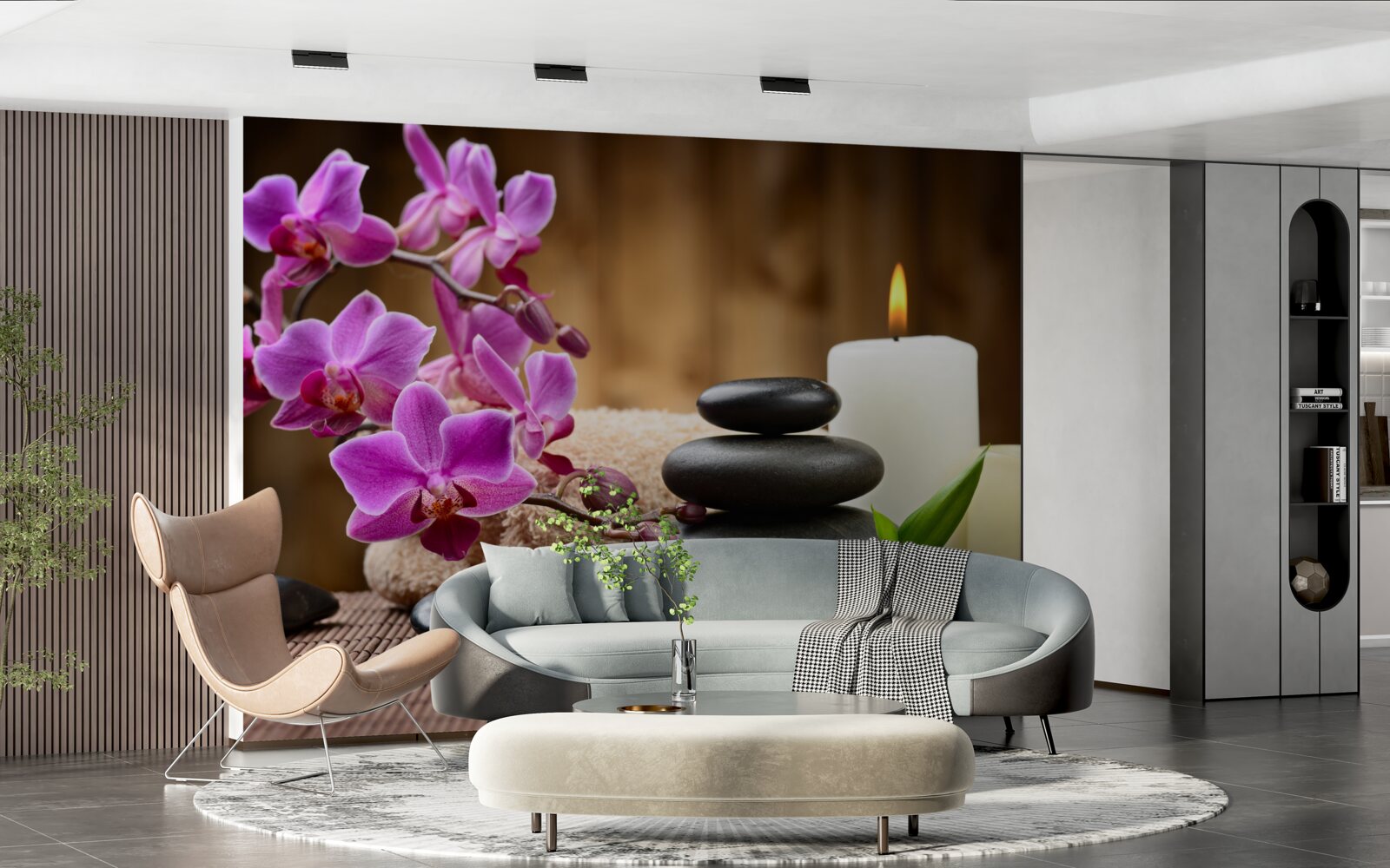 Fototapeta orchidea obklopená sviečkami a kameňmi