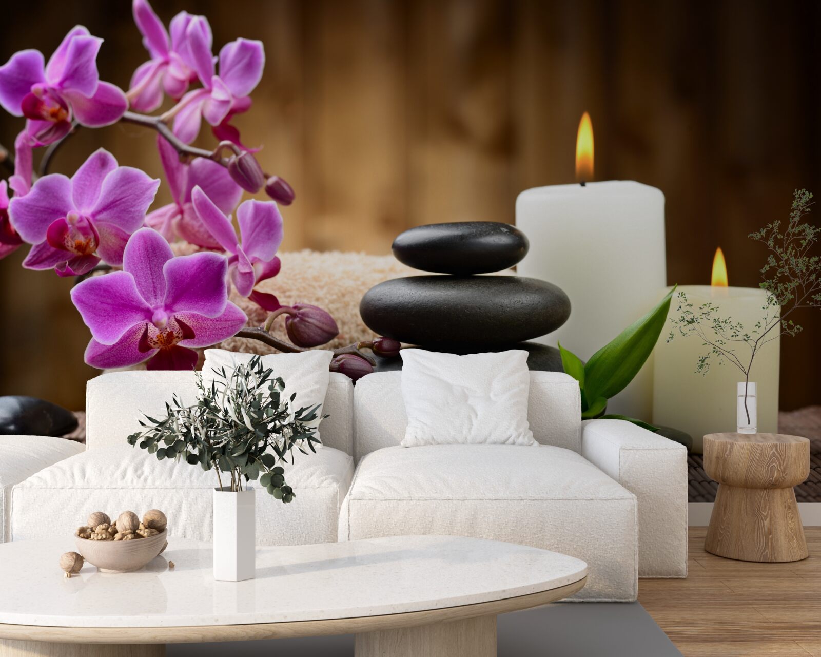 Fototapeta orchidea obklopená sviečkami a kameňmi