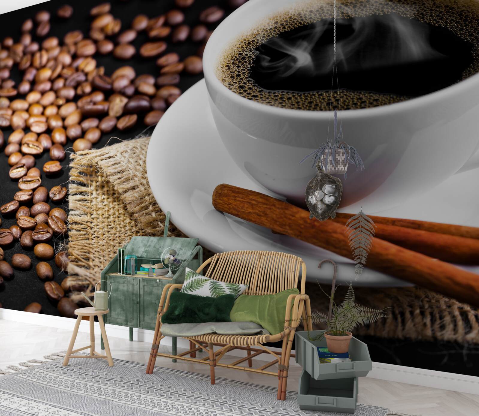 Fototapeta šálka kávy s vetvičkami škorice