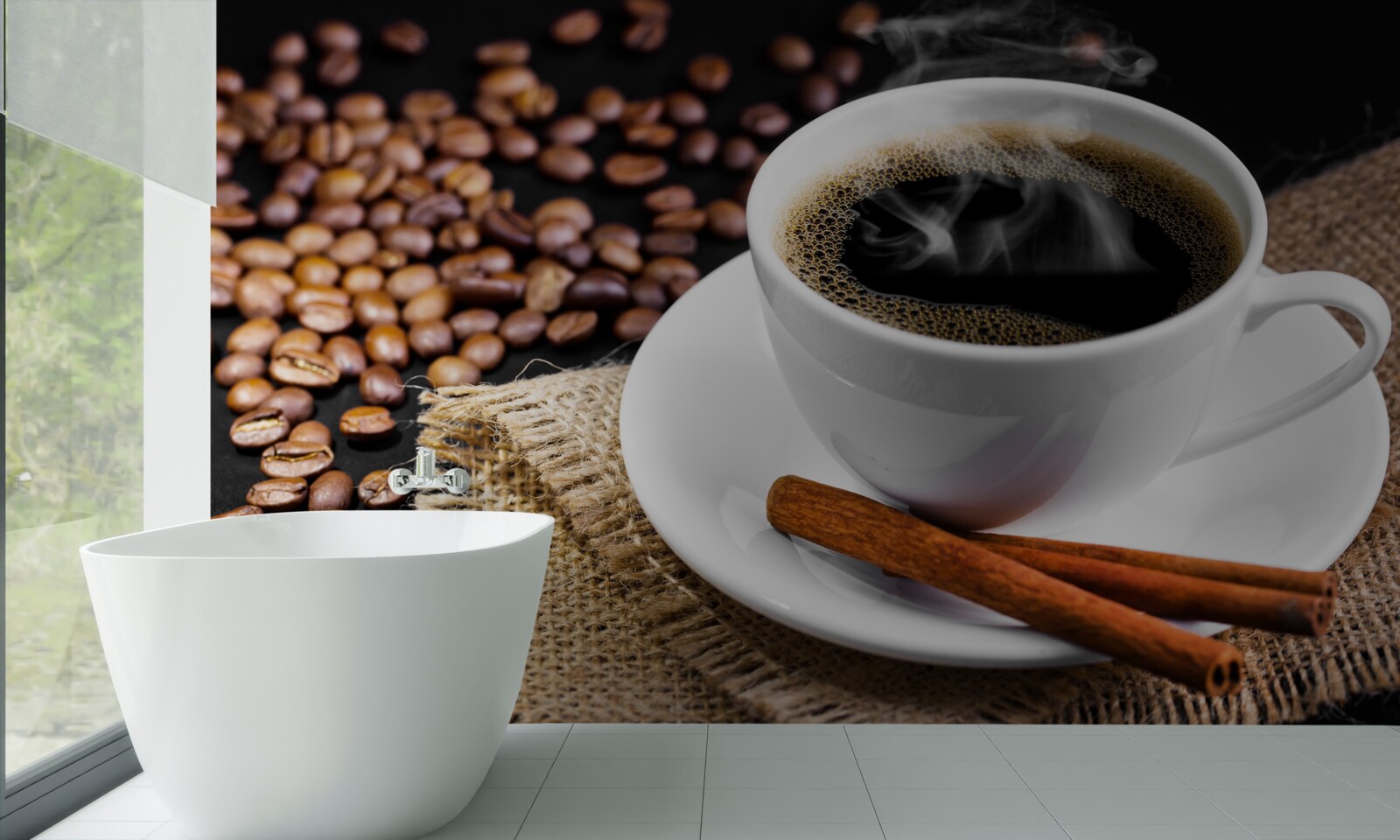 Fototapeta šálka kávy s vetvičkami škorice