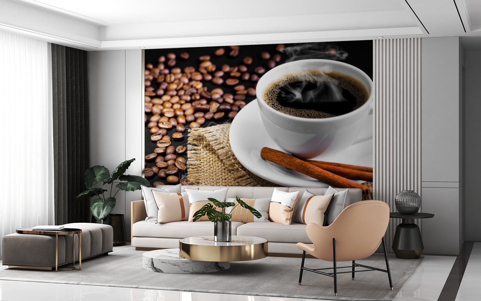 Fototapeta šálka kávy s vetvičkami škorice