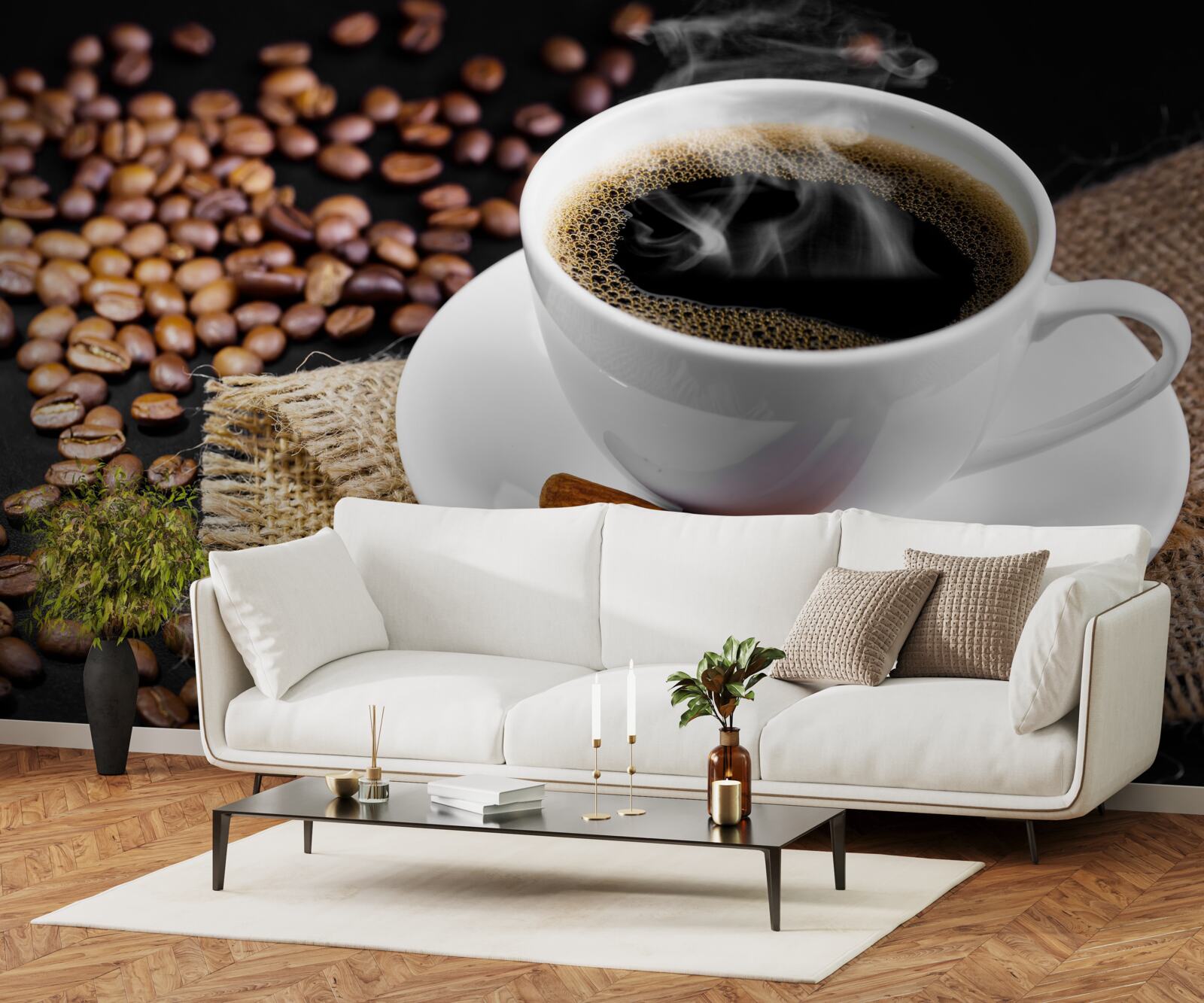 Fototapeta šálka kávy s vetvičkami škorice