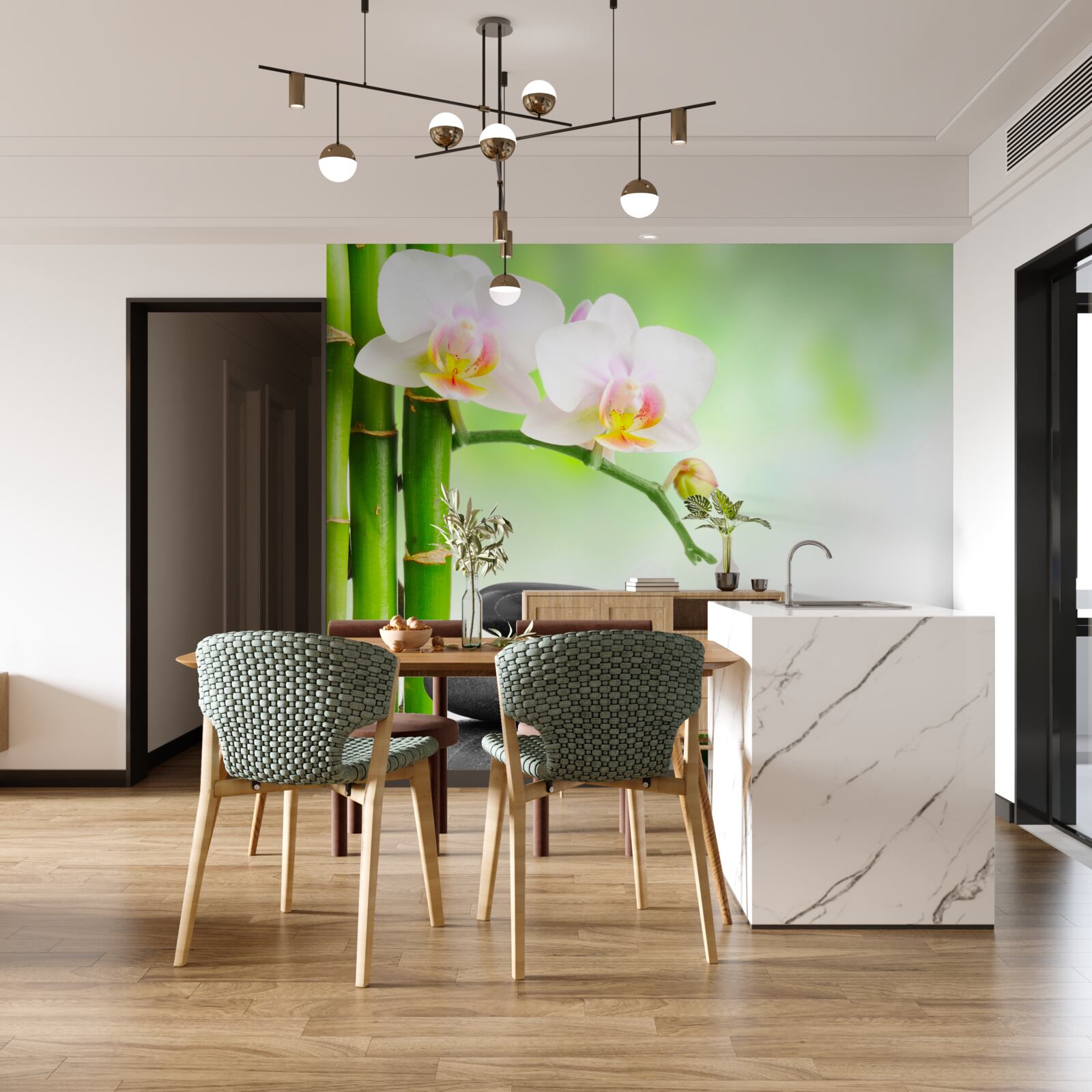 Fototapeta biela orchidea, kamene a bambus