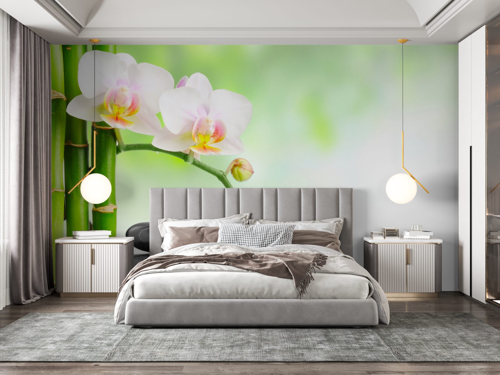 Fototapeta biela orchidea, kamene a bambus