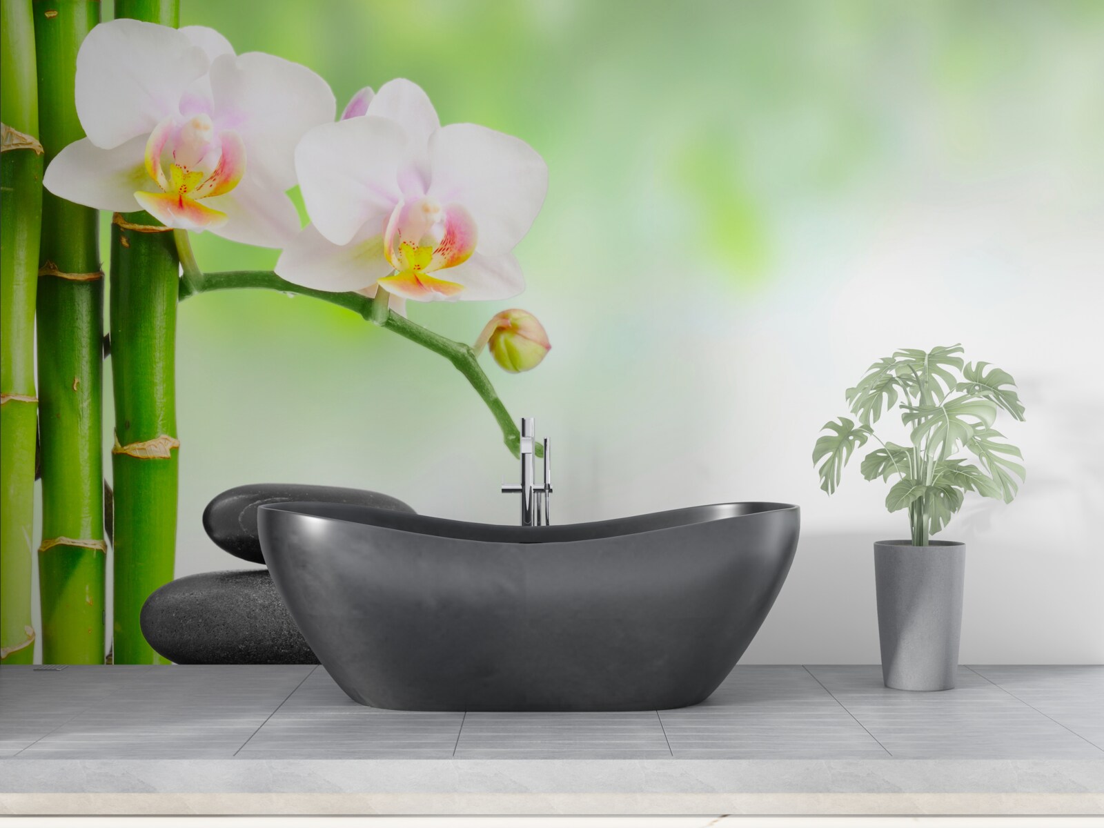 Fototapeta biela orchidea, kamene a bambus